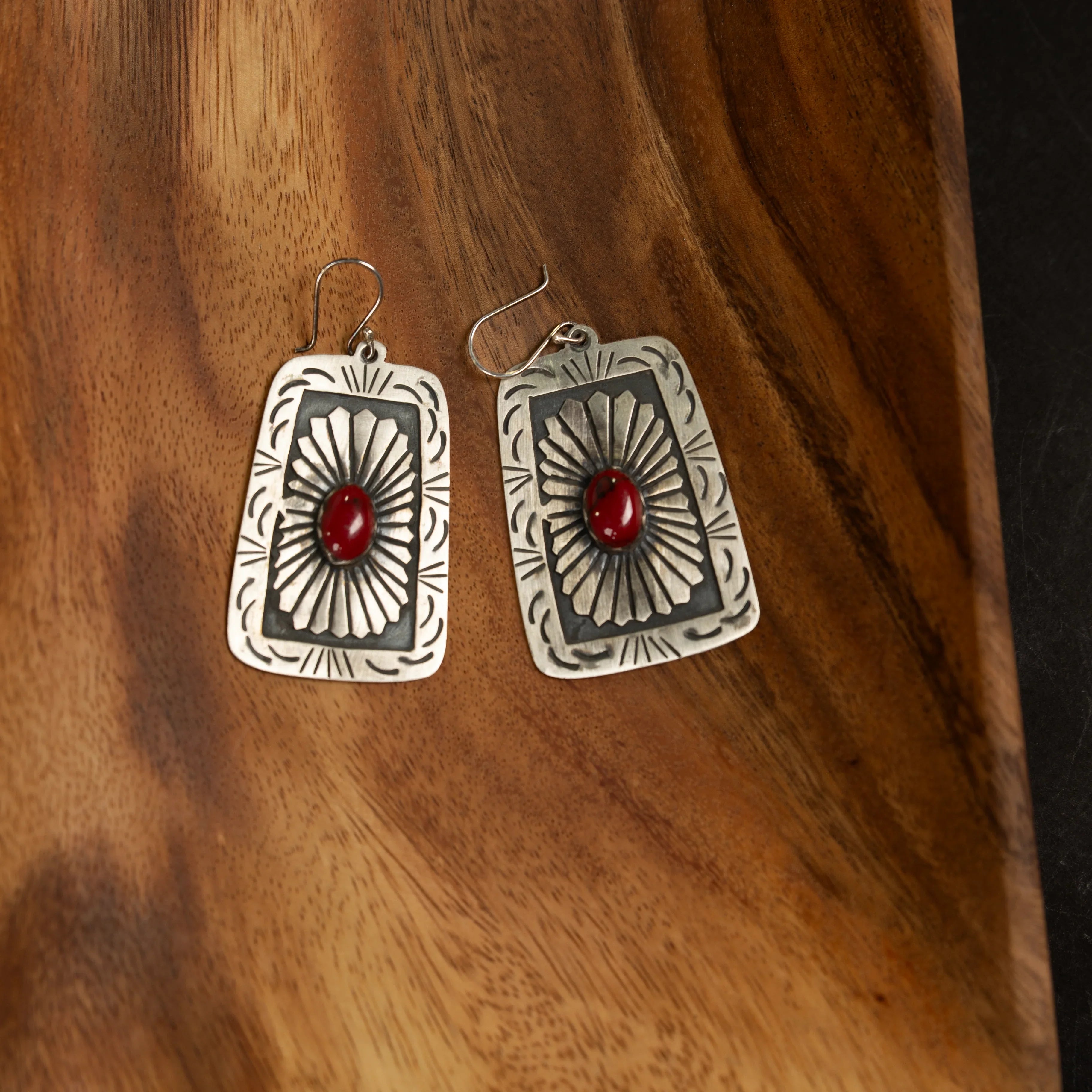 Women's Handmade Silver and Red Matte Concho Dangle Earrings