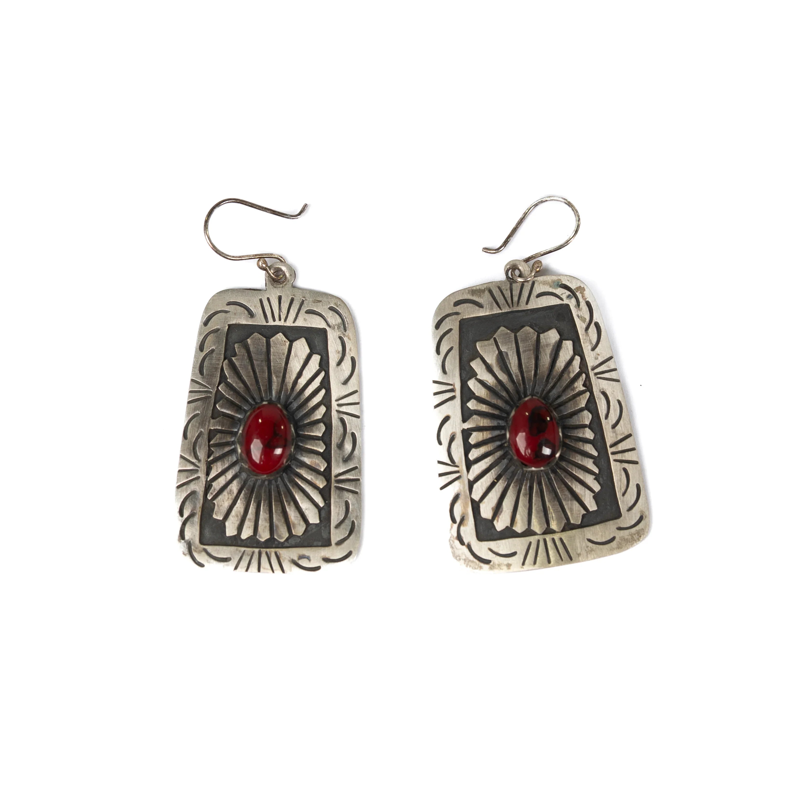 Women's Handmade Silver and Red Matte Concho Dangle Earrings