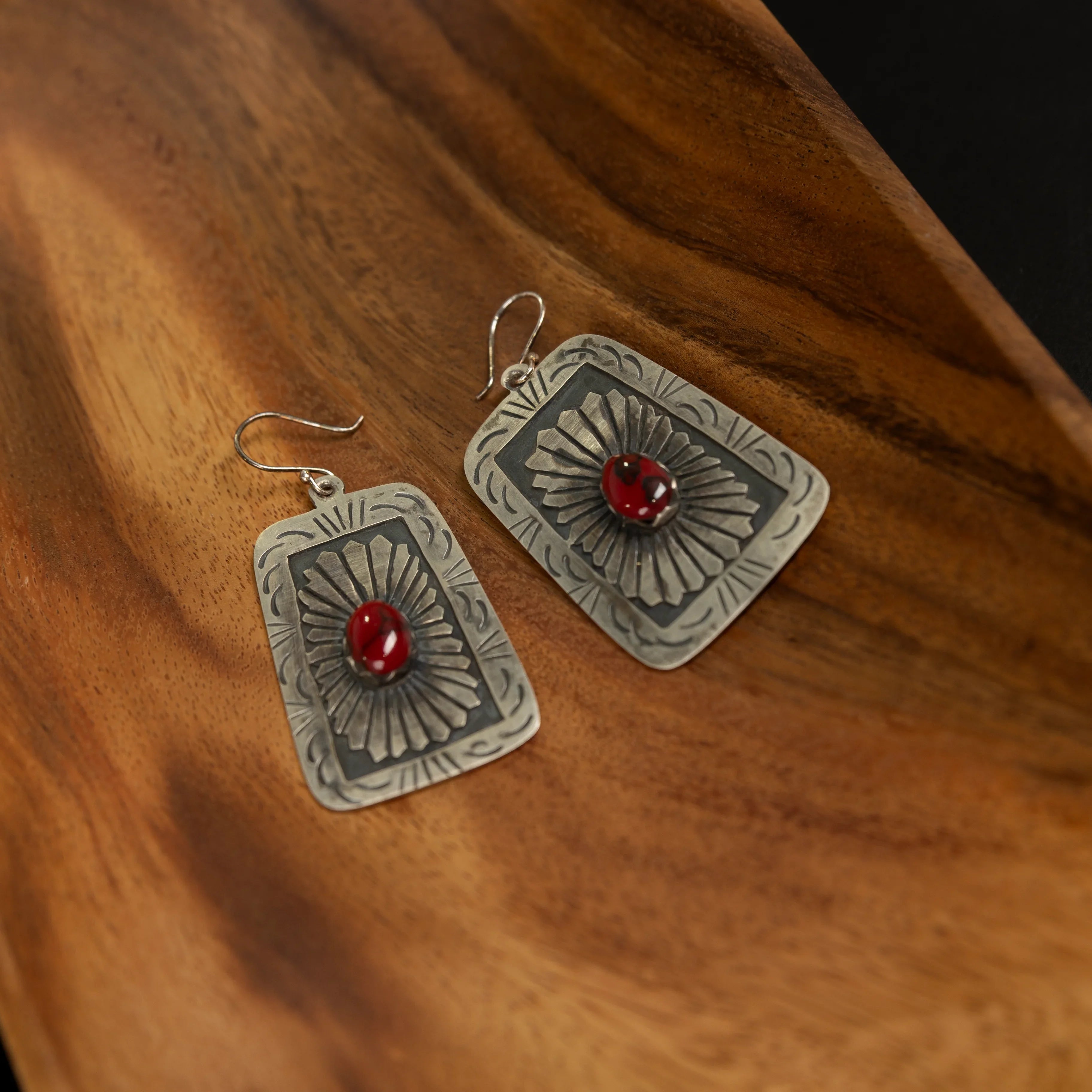 Women's Handmade Silver and Red Matte Concho Dangle Earrings