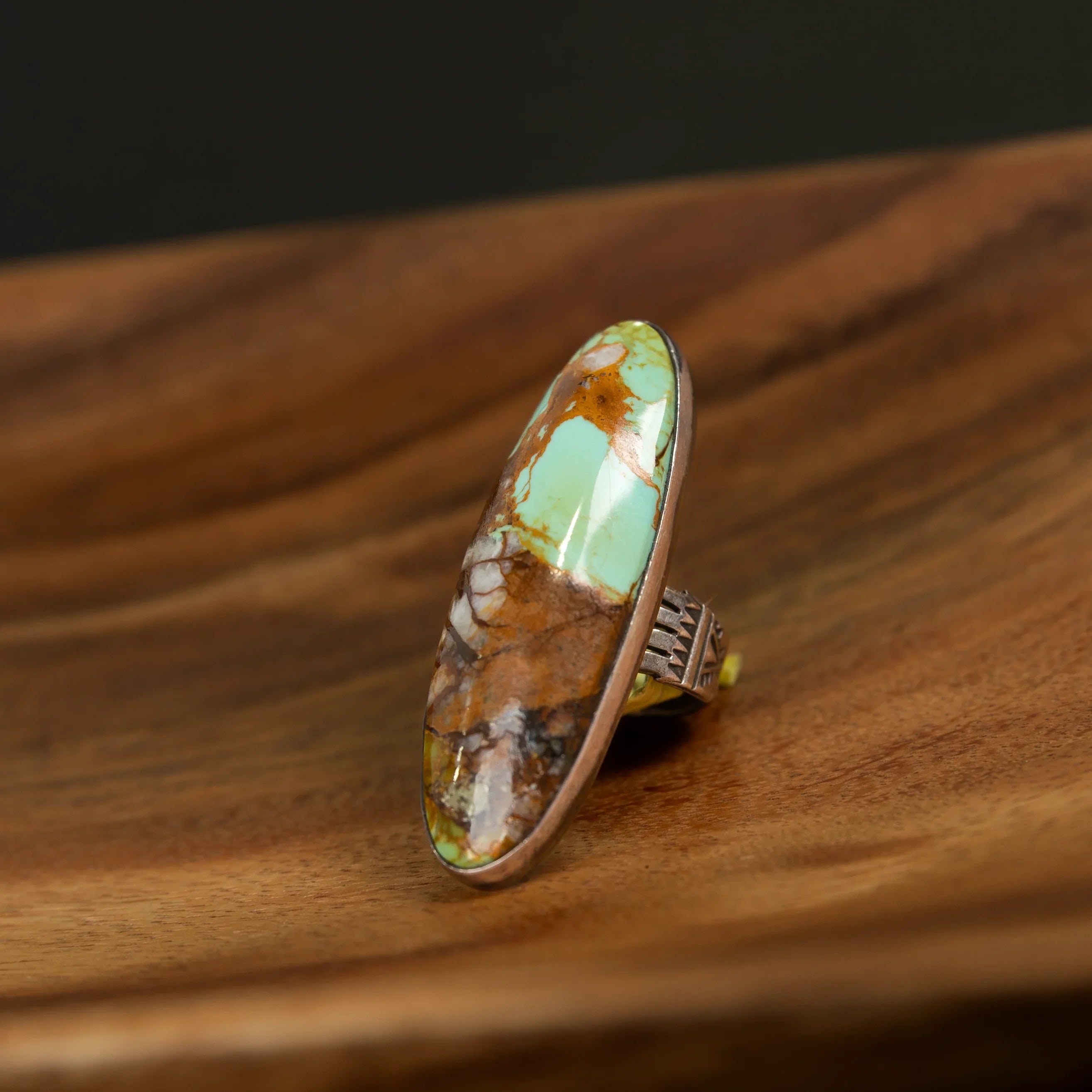 Women's Handmade Turquoise and Brown Long Oval Ring