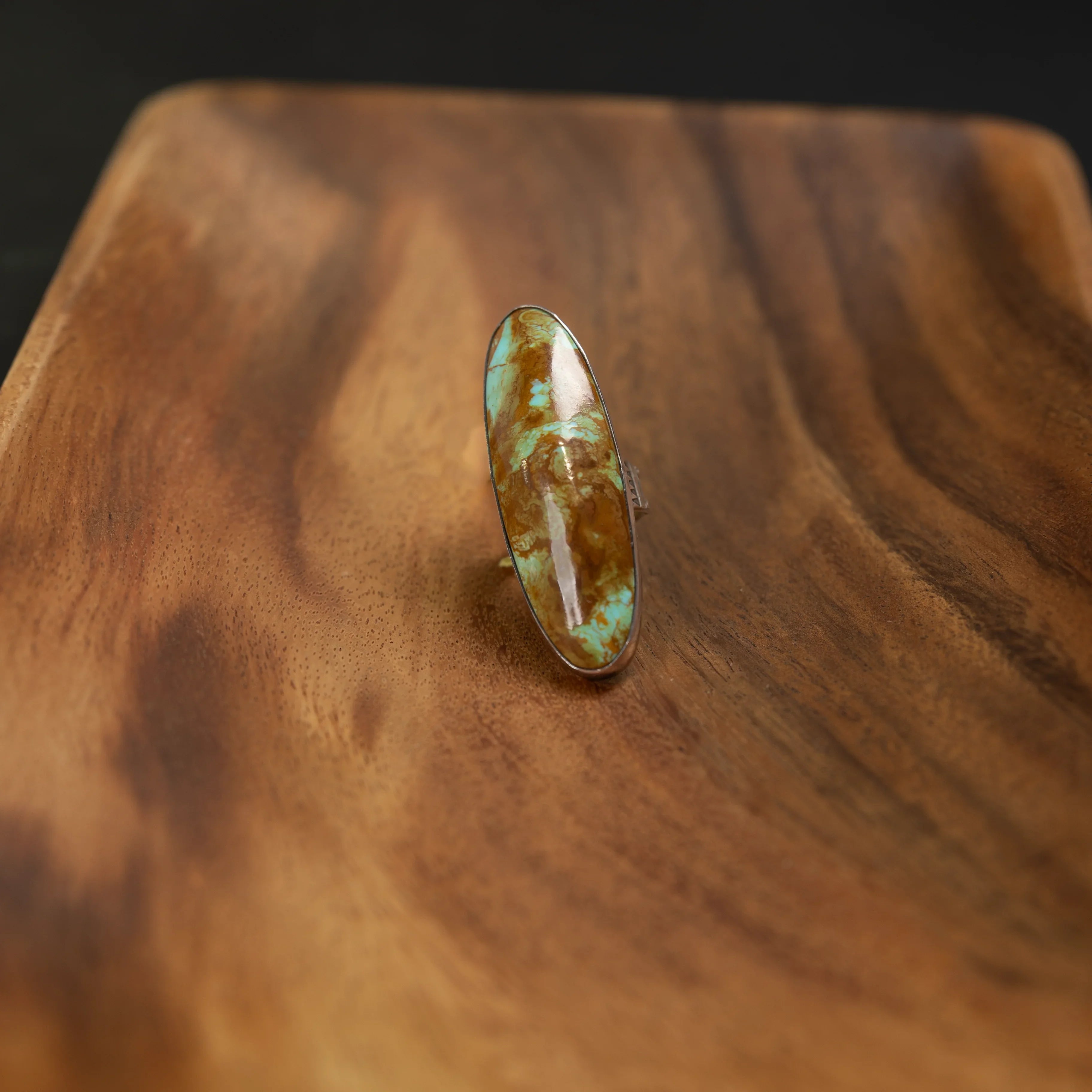 Women's Handmade Turquoise and Brown Long Oval Ring