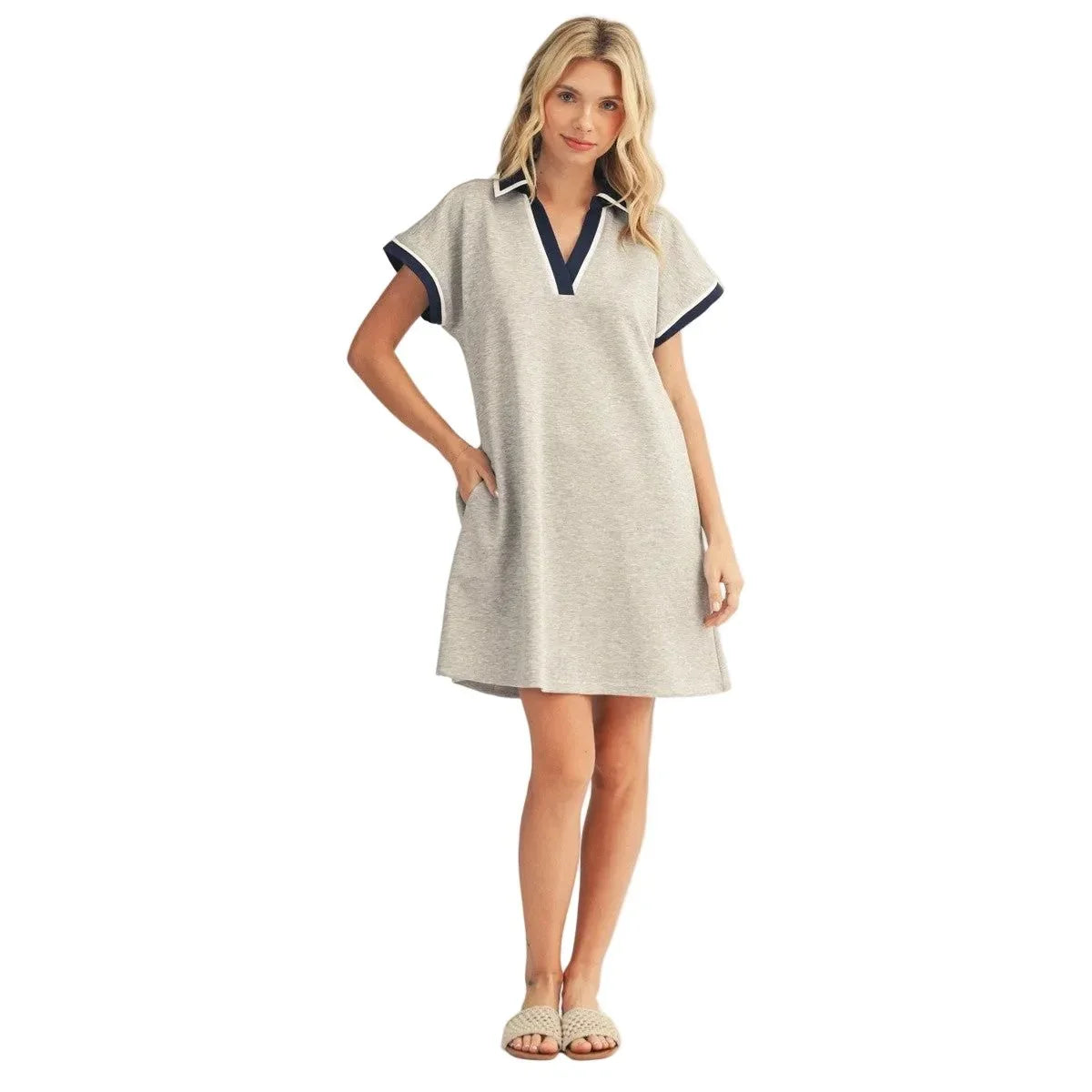 Women's Heather Gray Contrast Accent Solid Casual Dress M50814-HTHGR