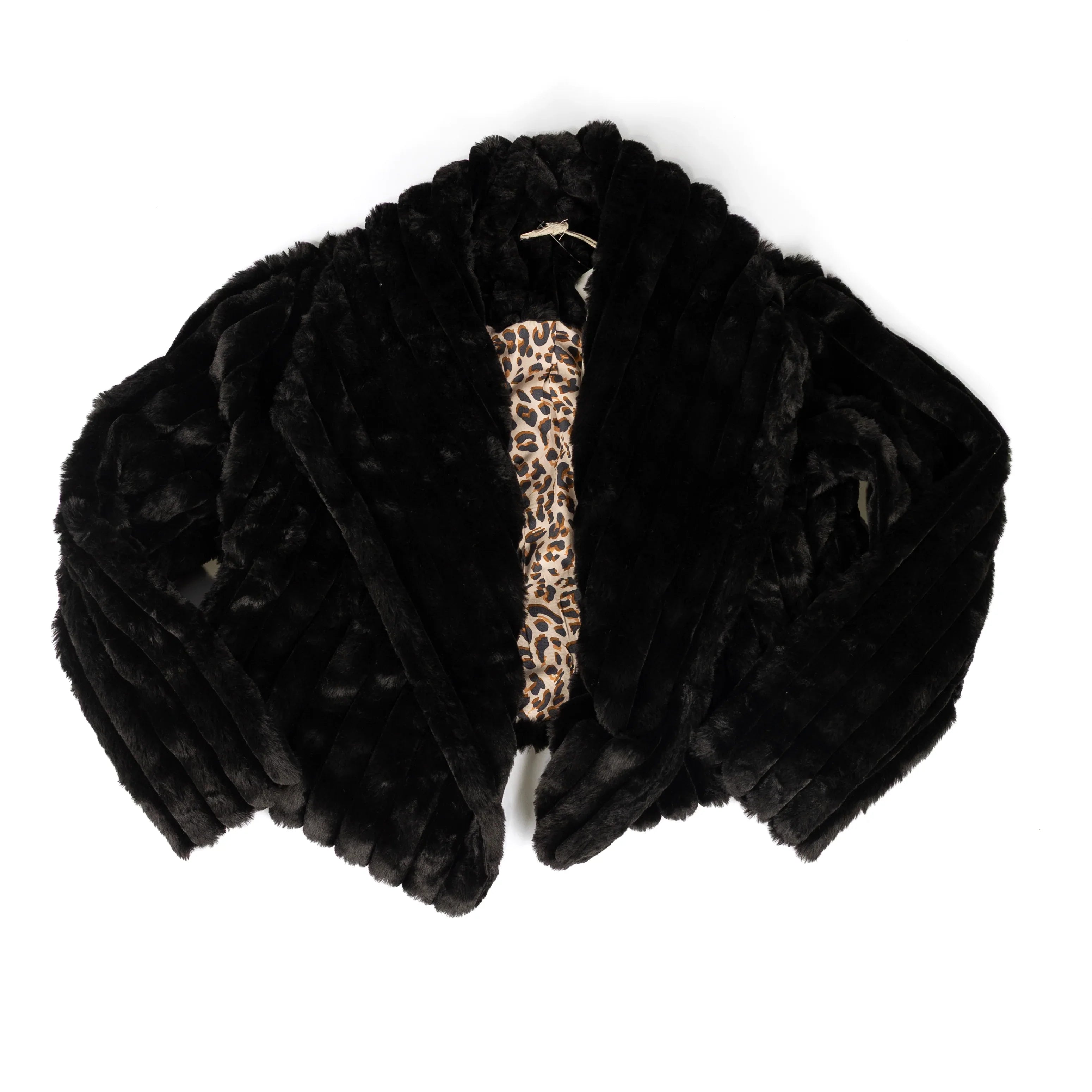 Women's Hem & Thread Faux Black Fur Cheetah Print Lined Jacket 36522