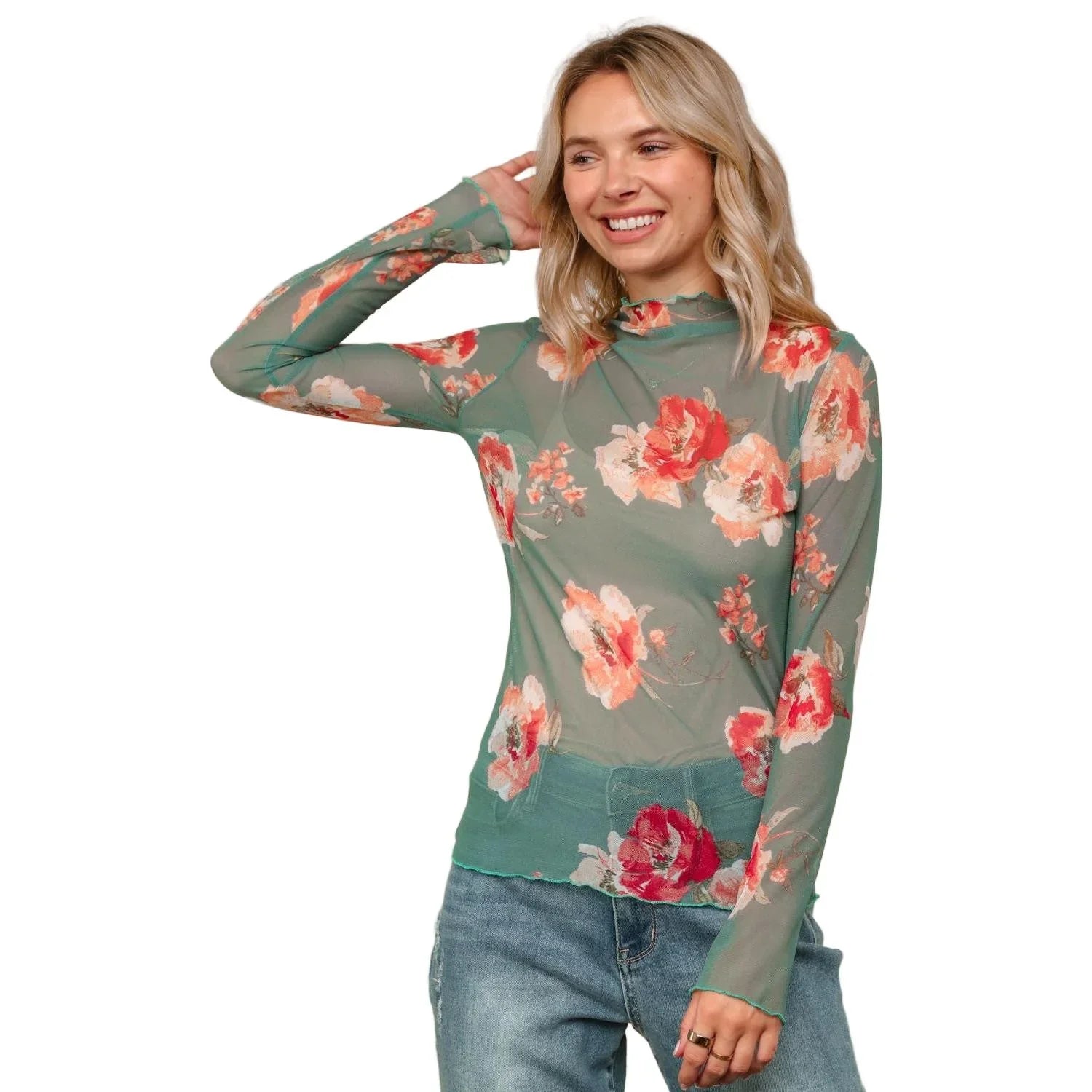 Women's High Neck Semi Sheer Top HT7090C