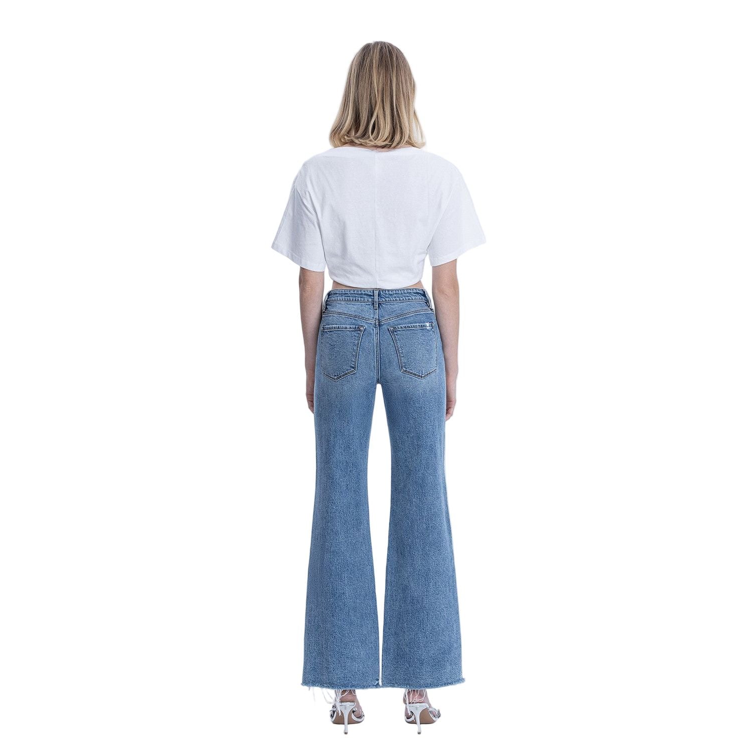 Women's High Rise Distressed Slit Hem Vintage Flare Jeans F9071