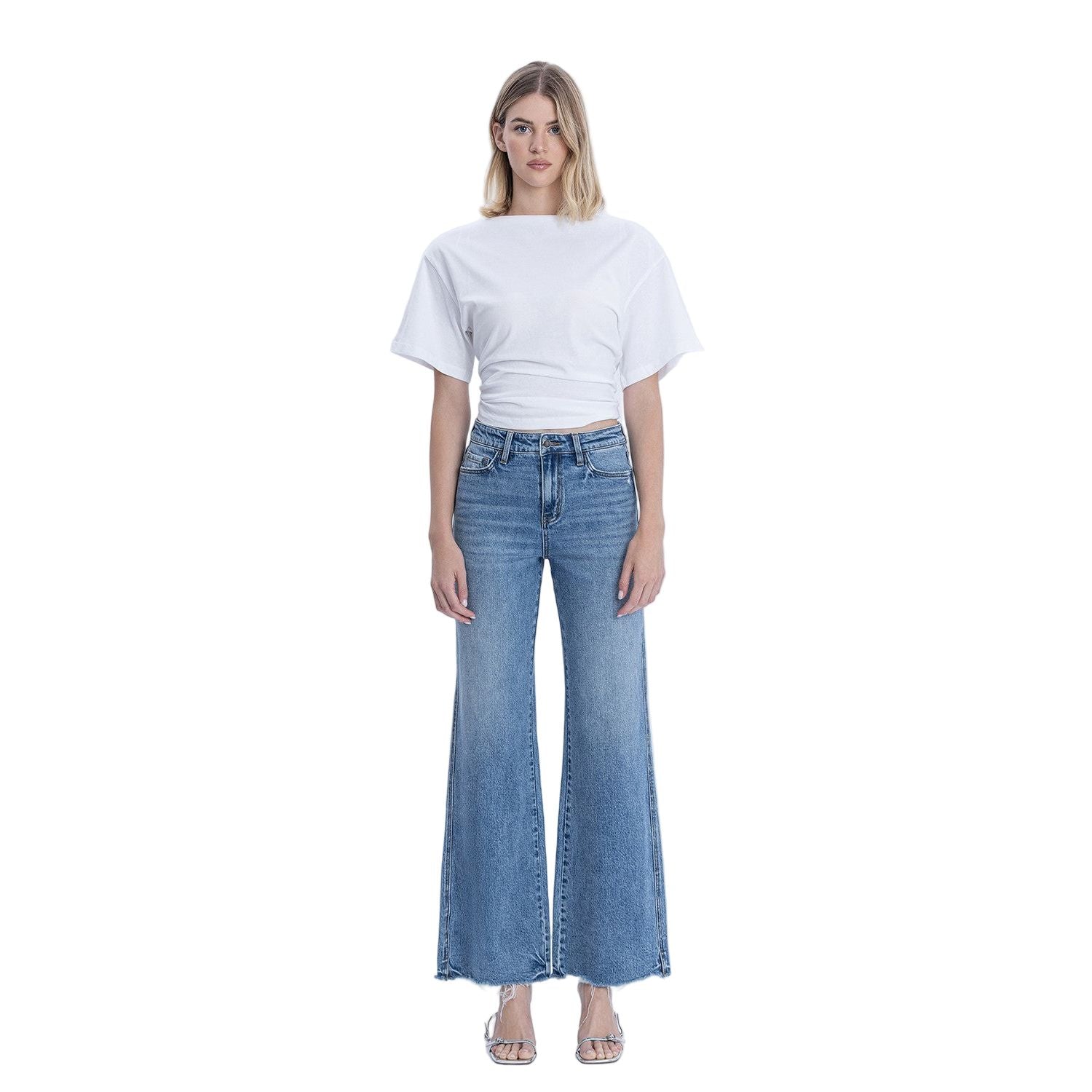 Women's High Rise Distressed Slit Hem Vintage Flare Jeans F9071