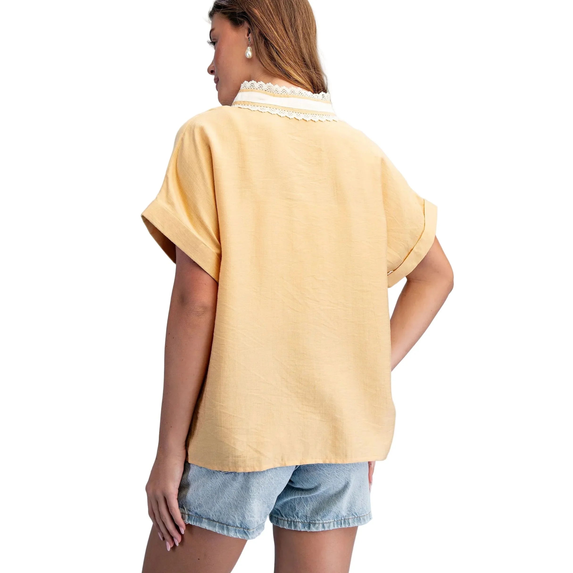 Women's Honey V-neck Pullover Top with Lace Trimmed Stripe Details TY1224