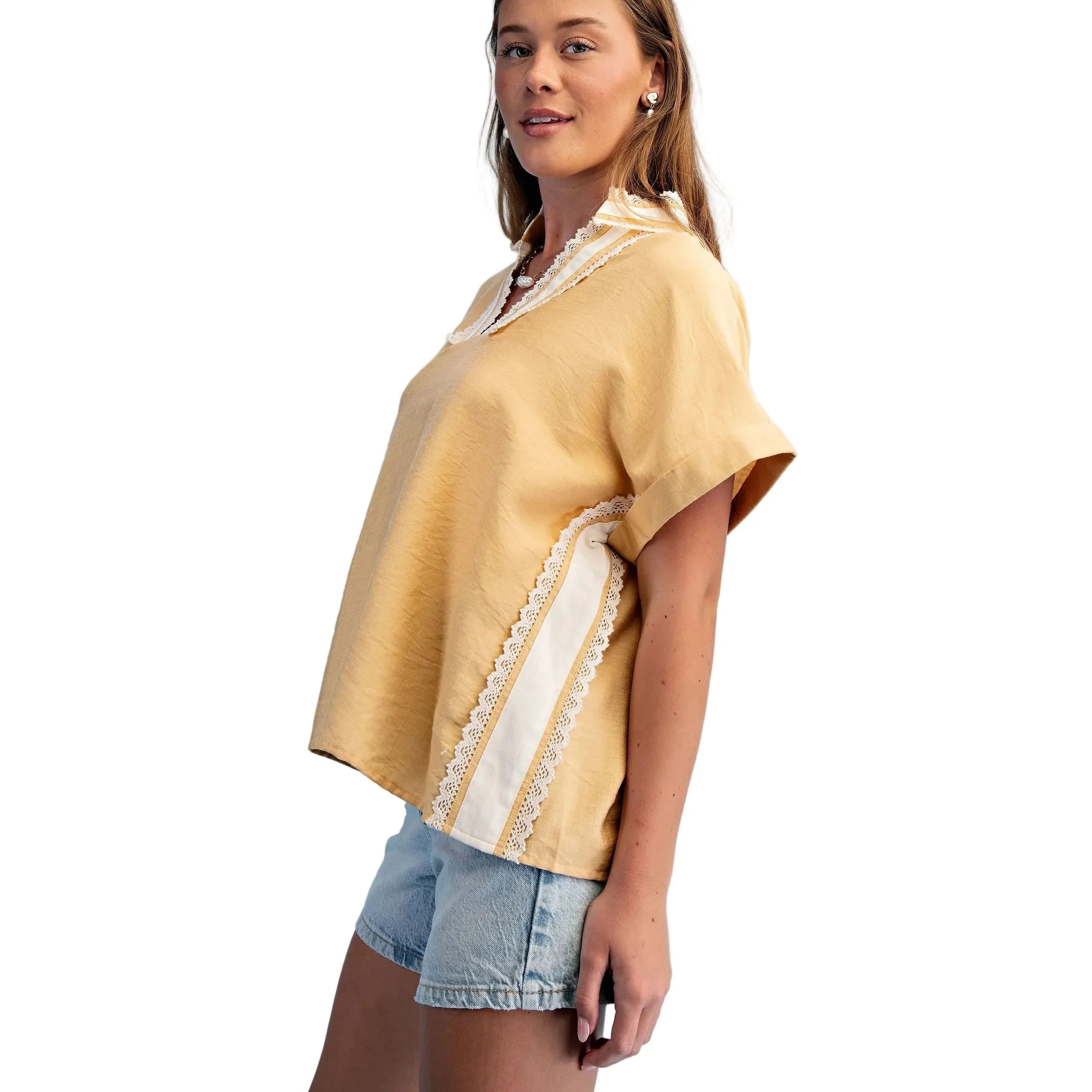 Women's Honey V-neck Pullover Top with Lace Trimmed Stripe Details TY1224