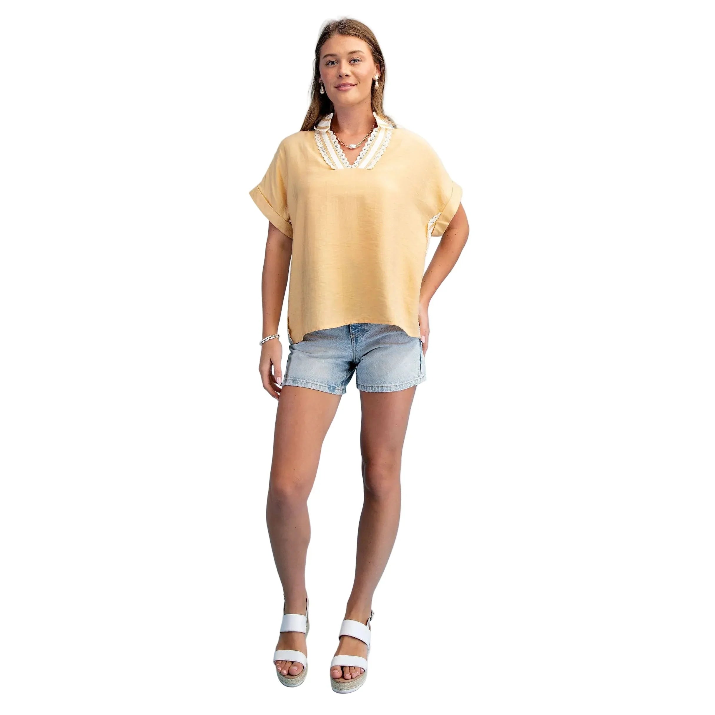 Women's Honey V-neck Pullover Top with Lace Trimmed Stripe Details TY1224