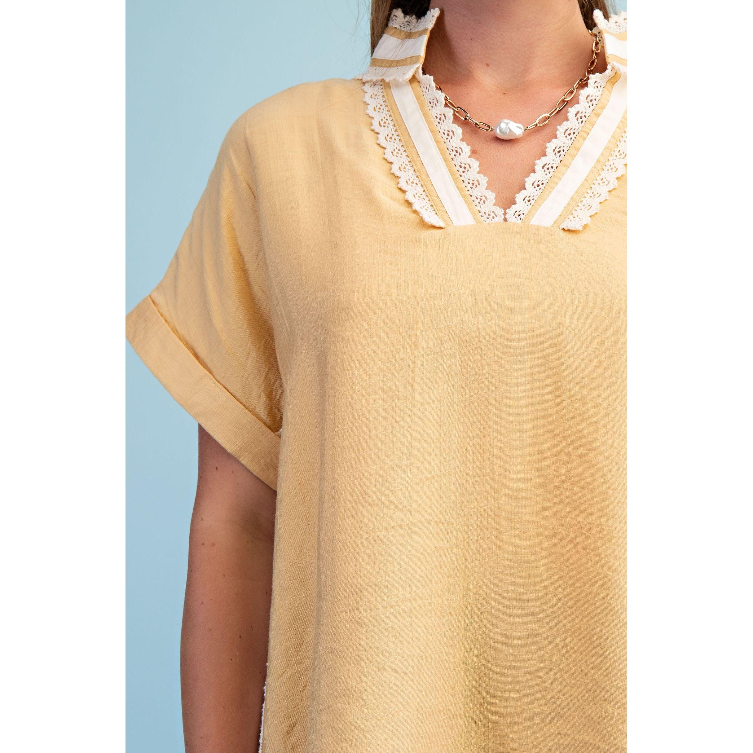 Women's Honey V-neck Pullover Top with Lace Trimmed Stripe Details TY1224