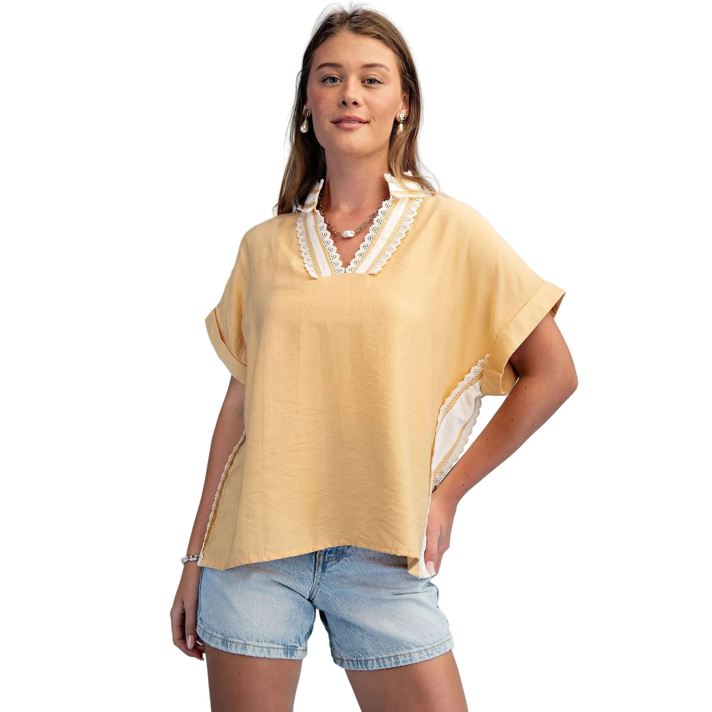 Women's Honey V-neck Pullover Top with Lace Trimmed Stripe Details TY1224
