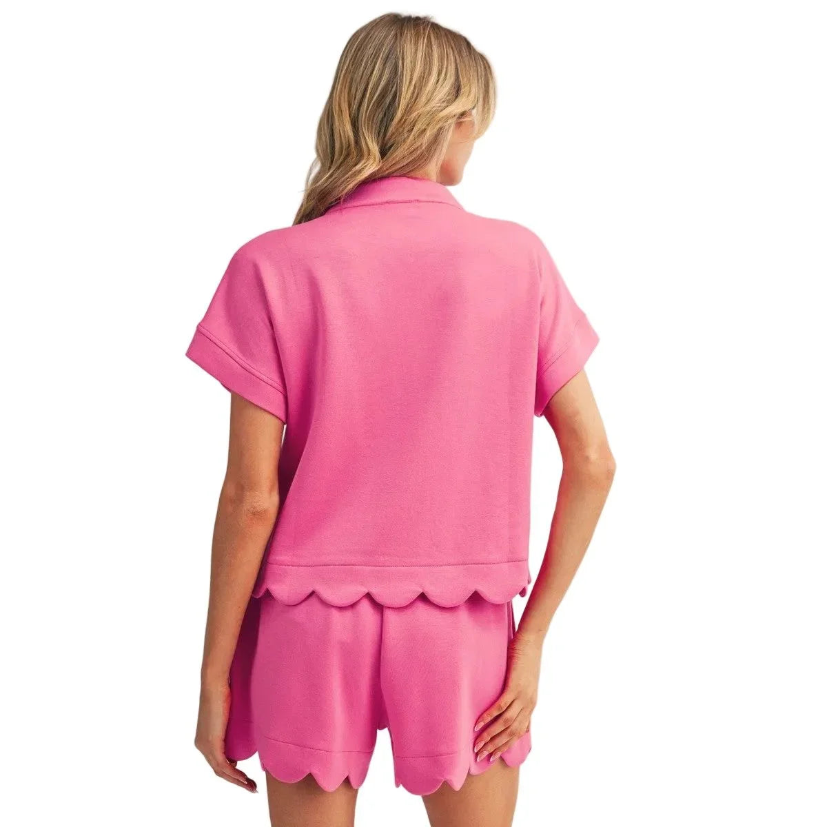 Women's Hot Pink Scallop Hem Detail Solid Top & Shorts G15895-SET