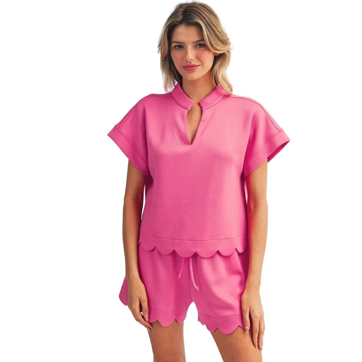 Women's Hot Pink Scallop Hem Detail Solid Top & Shorts G15895-SET