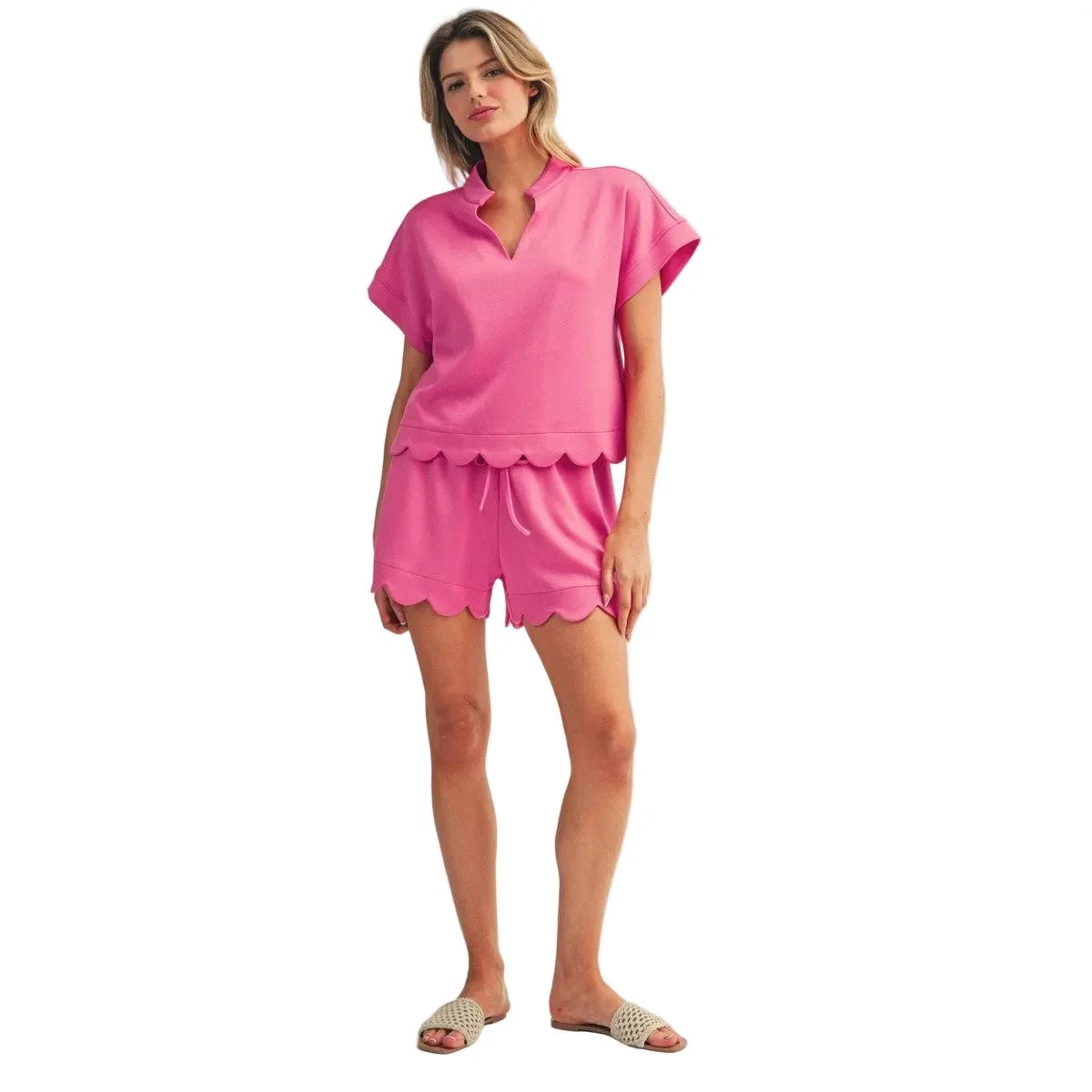Women's Hot Pink Scallop Hem Detail Solid Top & Shorts G15895-SET