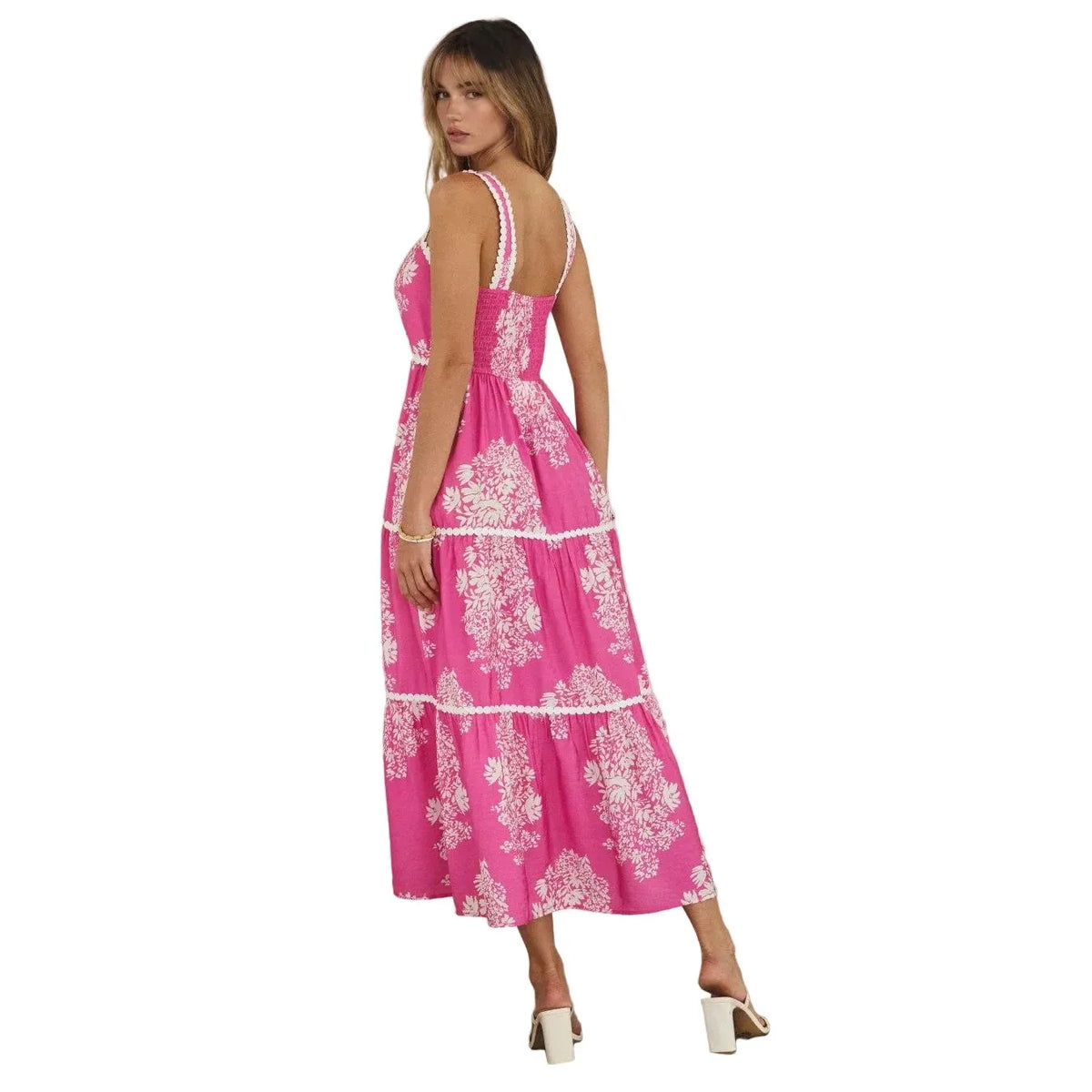 Women's Hot Pink Strappy Tiered Midi Dress ID19275