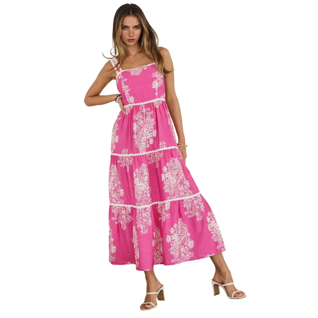 Women's Hot Pink Strappy Tiered Midi Dress ID19275