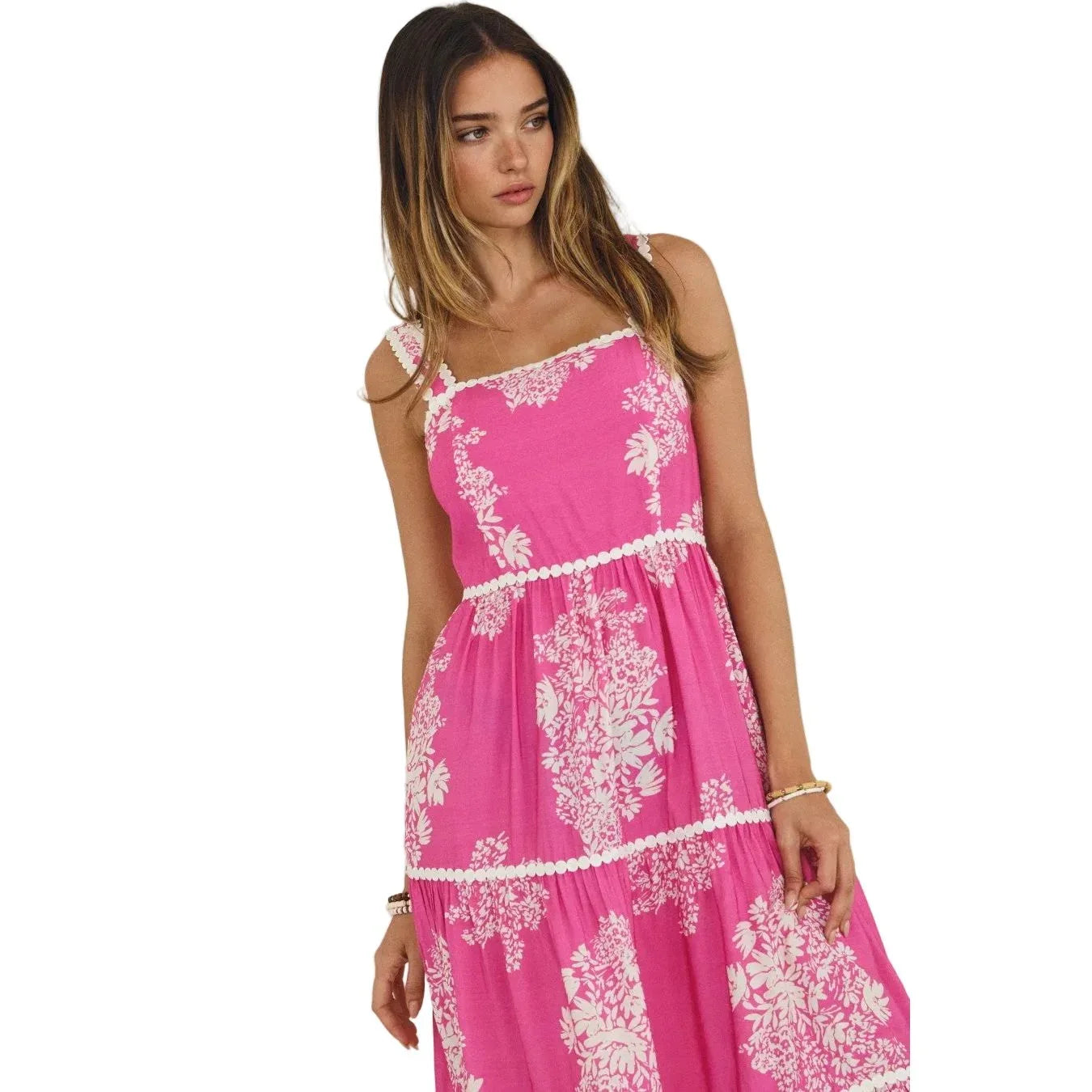 Women's Hot Pink Strappy Tiered Midi Dress ID19275