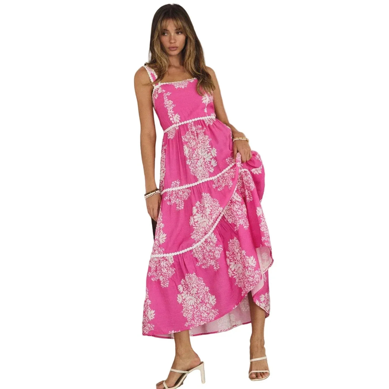 Women's Hot Pink Strappy Tiered Midi Dress ID19275