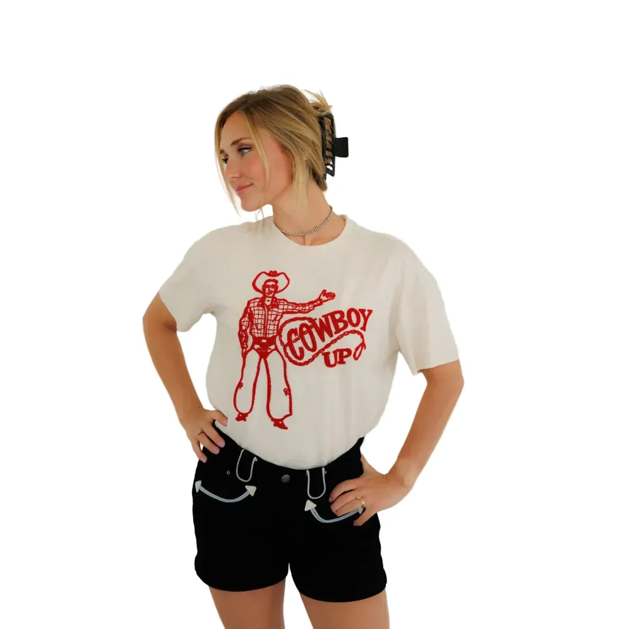Women's Howdy Hanny Cream and Red "Cowboy Up" Crop T-shirt