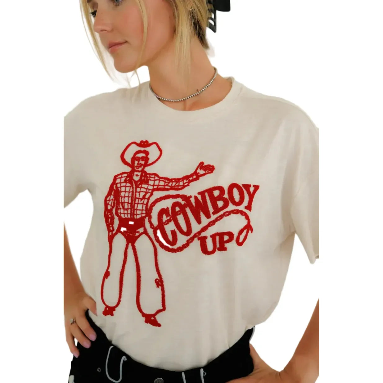 Women's Howdy Hanny Cream and Red "Cowboy Up" Crop T-shirt