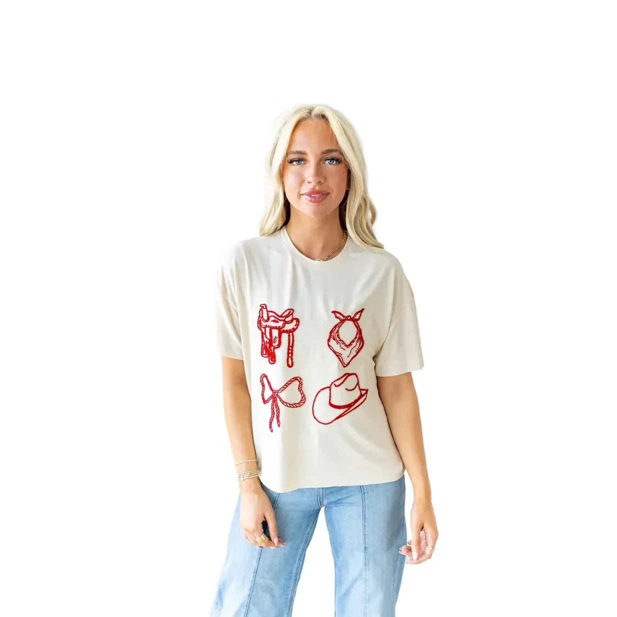 Women's Howdy Hanny Natural T-shirt with Red Stitching