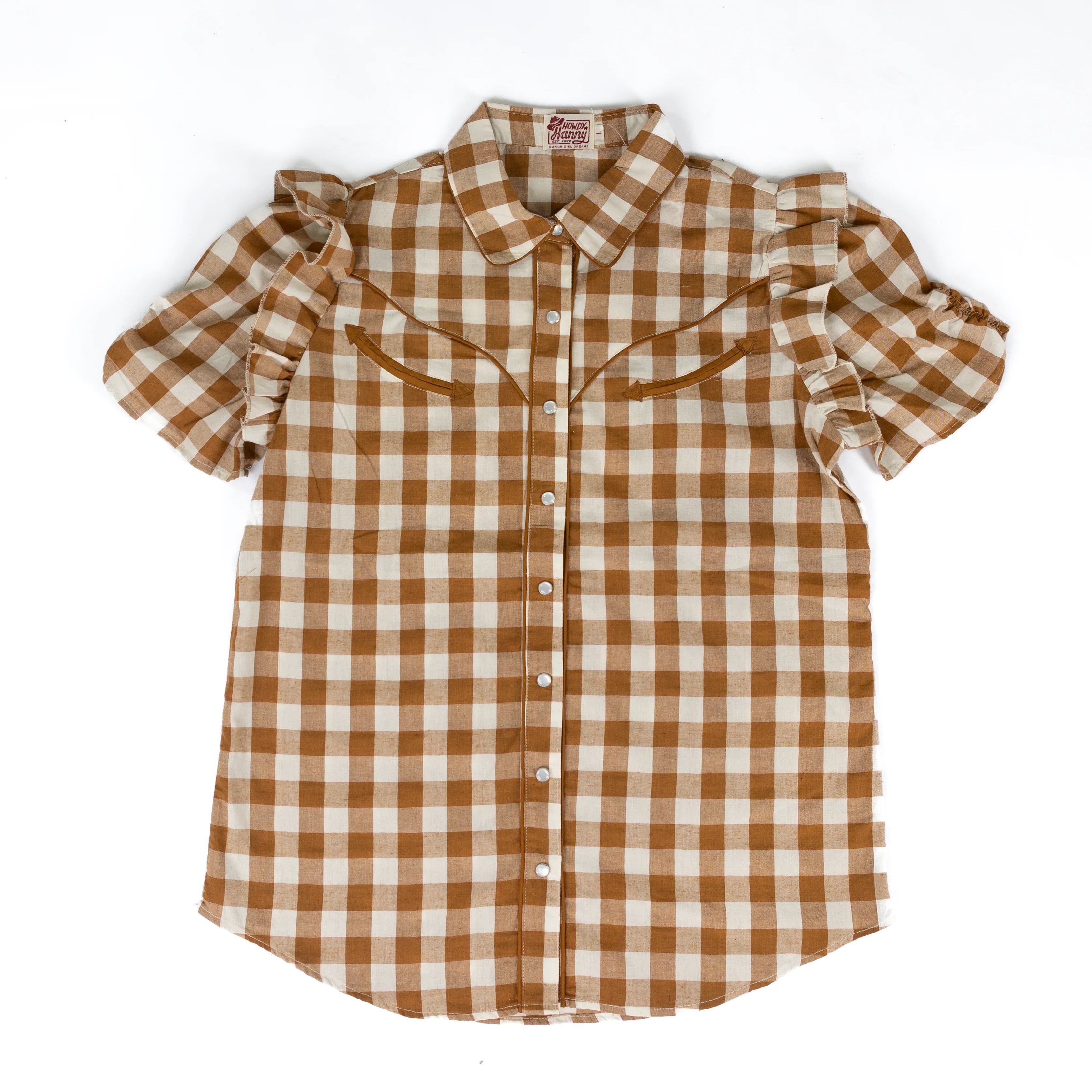 Women's Howdy Hanny Short Sleeve Brown Gingham Button Up Blouse