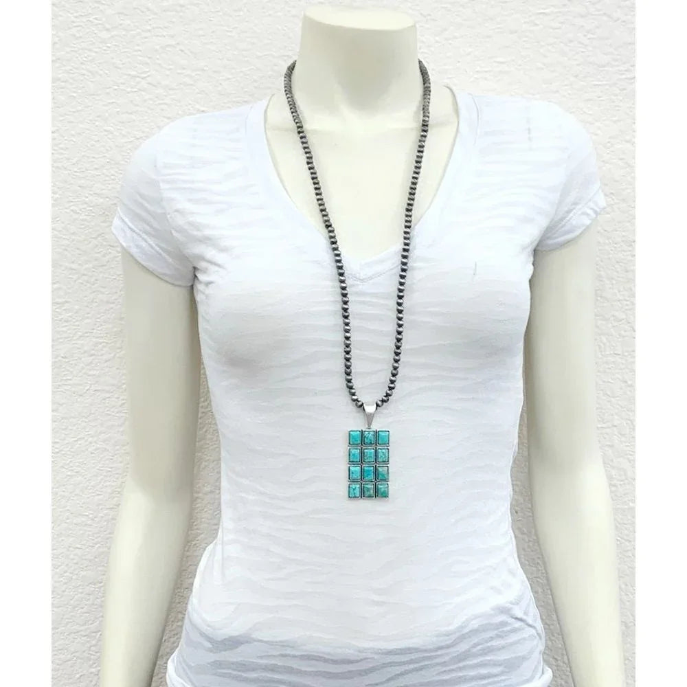 Women's Isac 30" Long 6mm Navajo Bead Necklace Navajo Turquoise Pendant