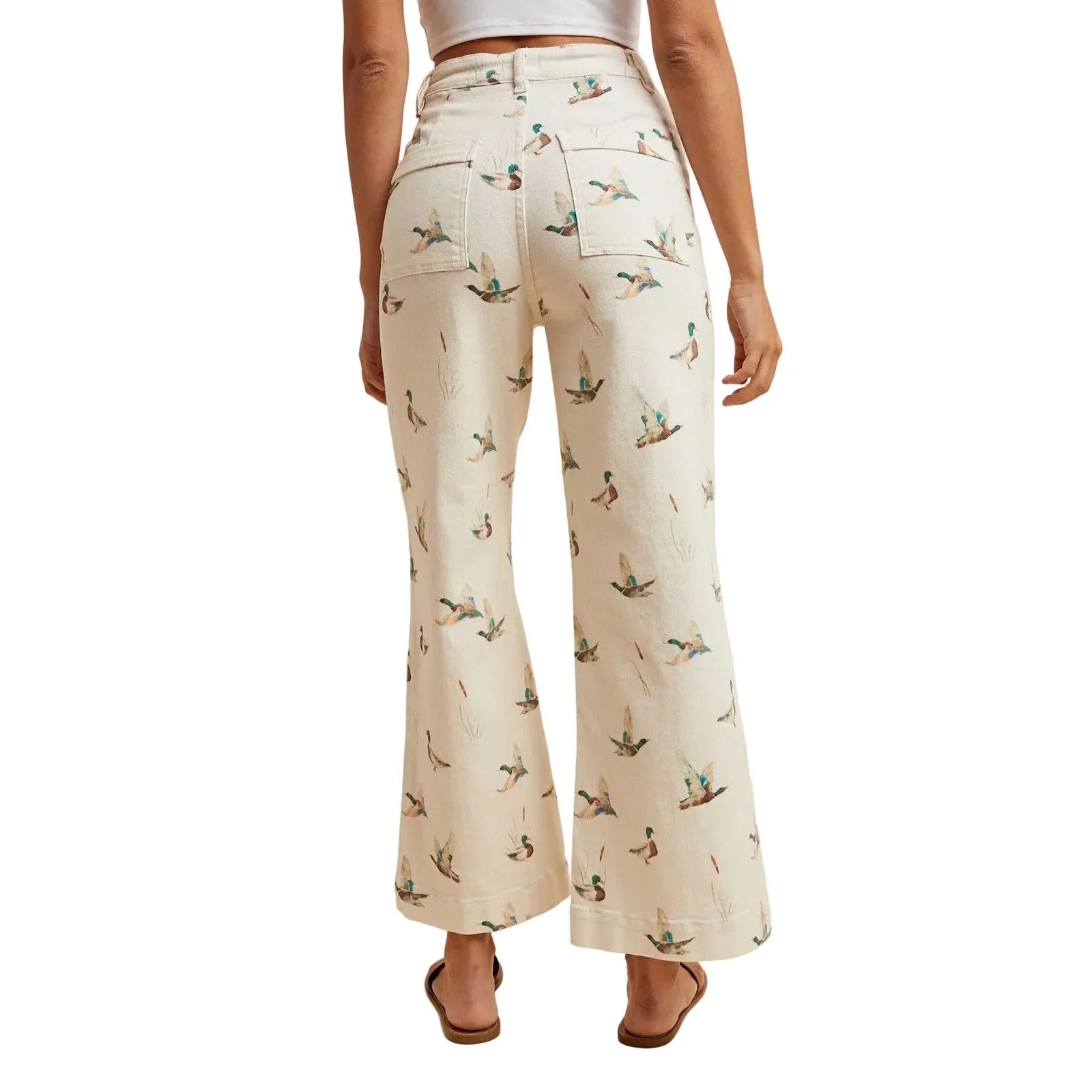 Women's Ivory Mallard Printed Stretch Denim Wide Leg Jeans AP6645J