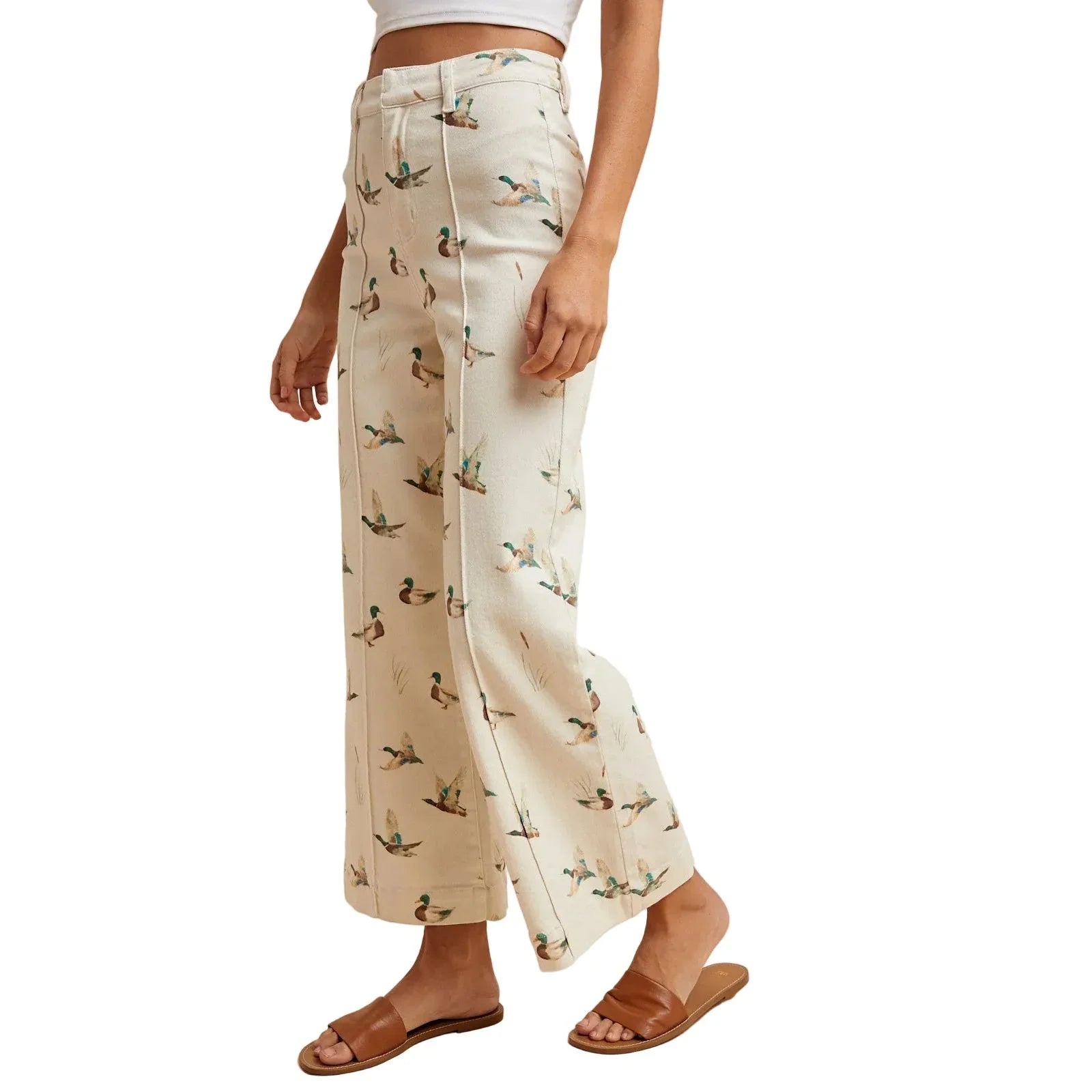 Women's Ivory Mallard Printed Stretch Denim Wide Leg Jeans AP6645J