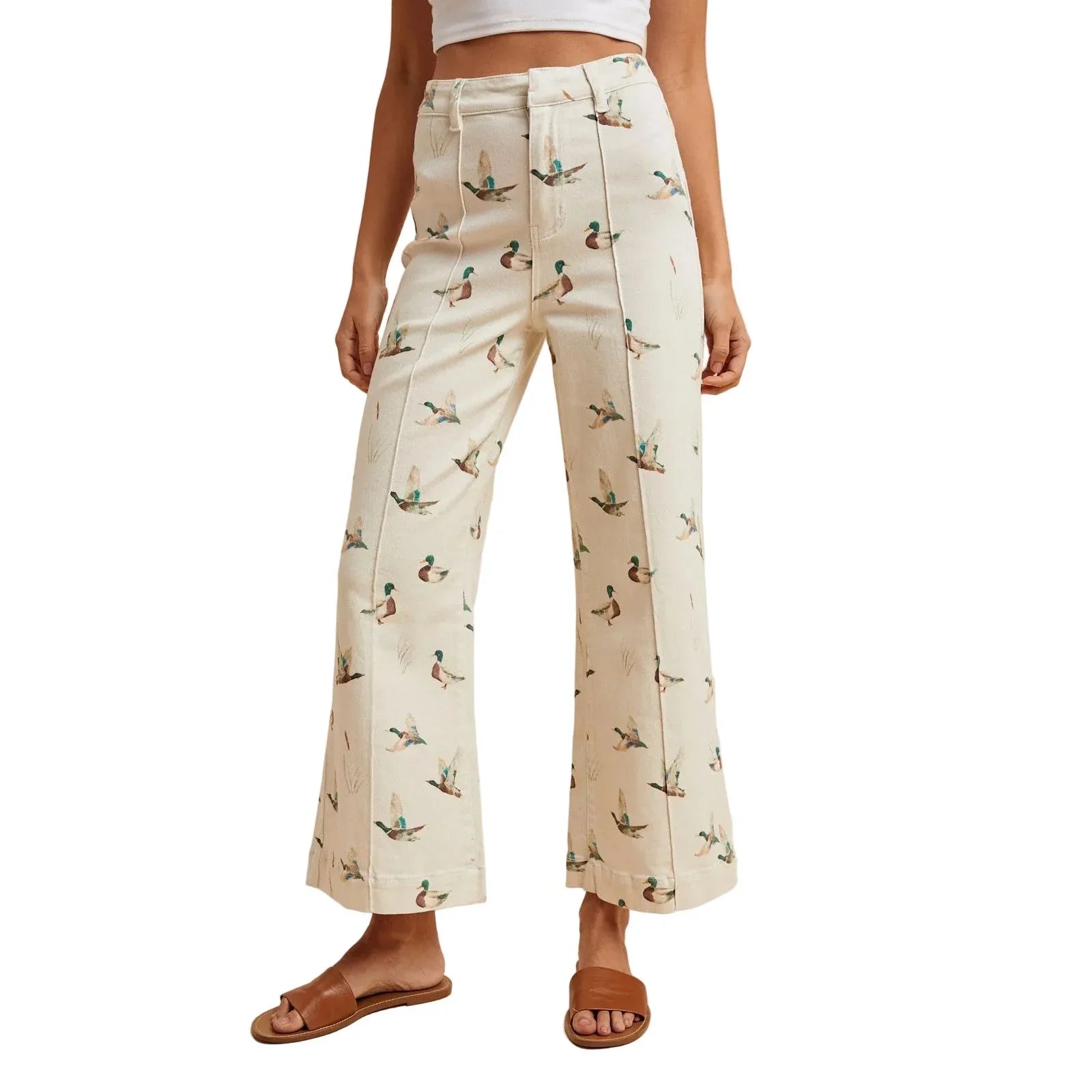 Women's Ivory Mallard Printed Stretch Denim Wide Leg Jeans AP6645J
