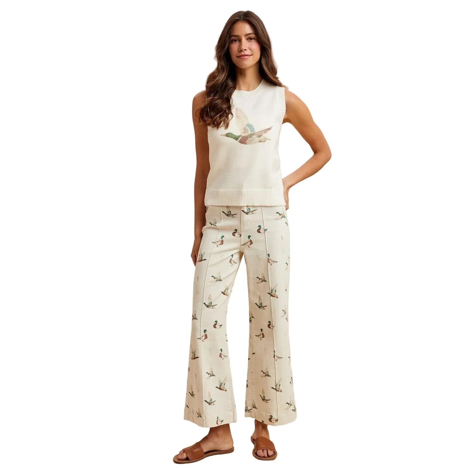 Women's Ivory Mallard Printed Stretch Denim Wide Leg Jeans AP6645J