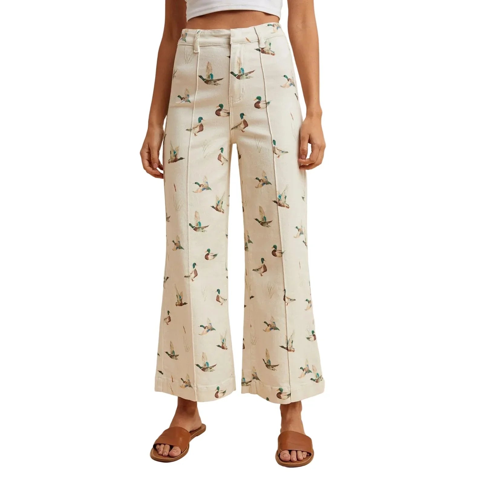 Women's Ivory Mallard Printed Stretch Denim Wide Leg Jeans AP6645J