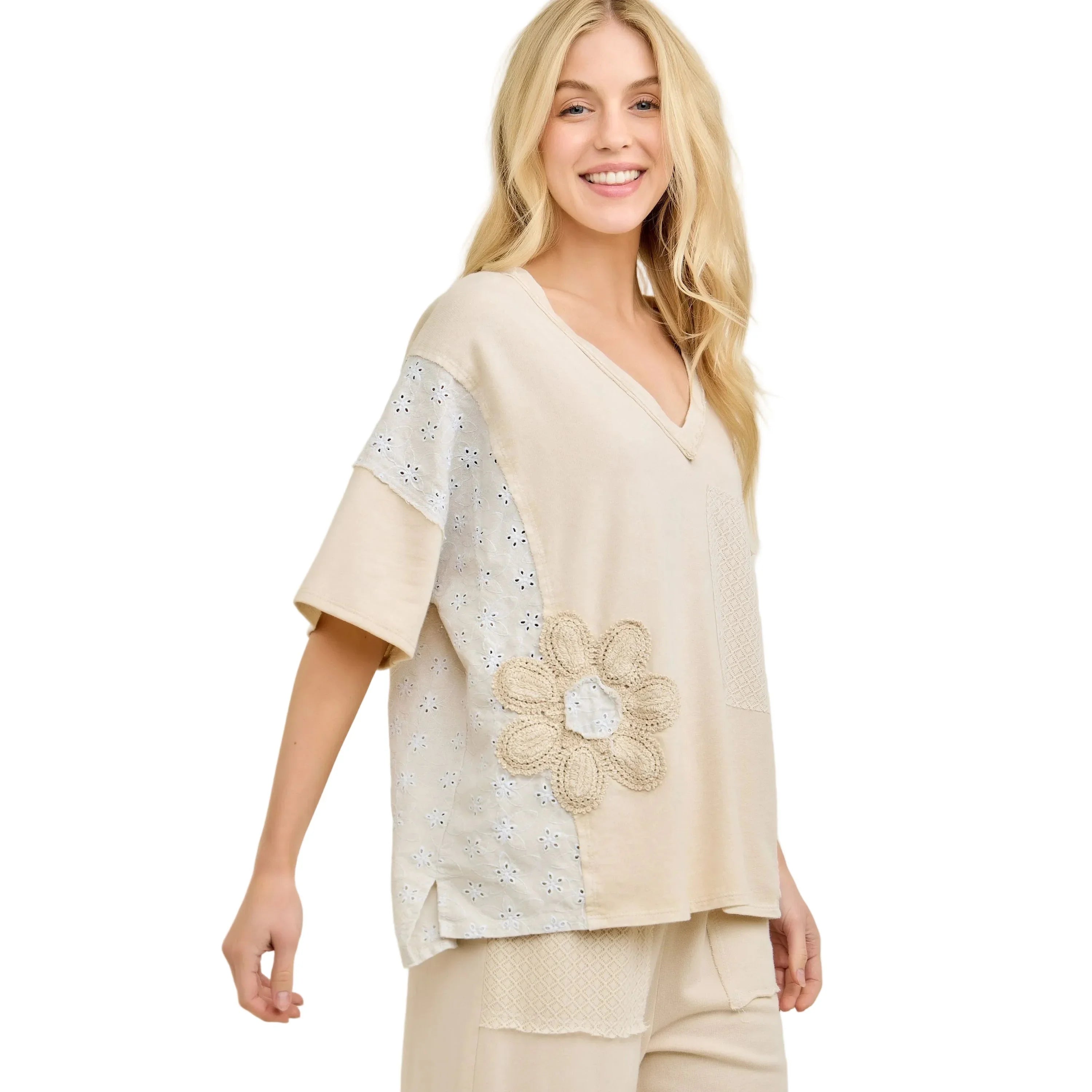 Women's J. Her Natural Patchwork Blouse with Eyelet Lace HT6993
