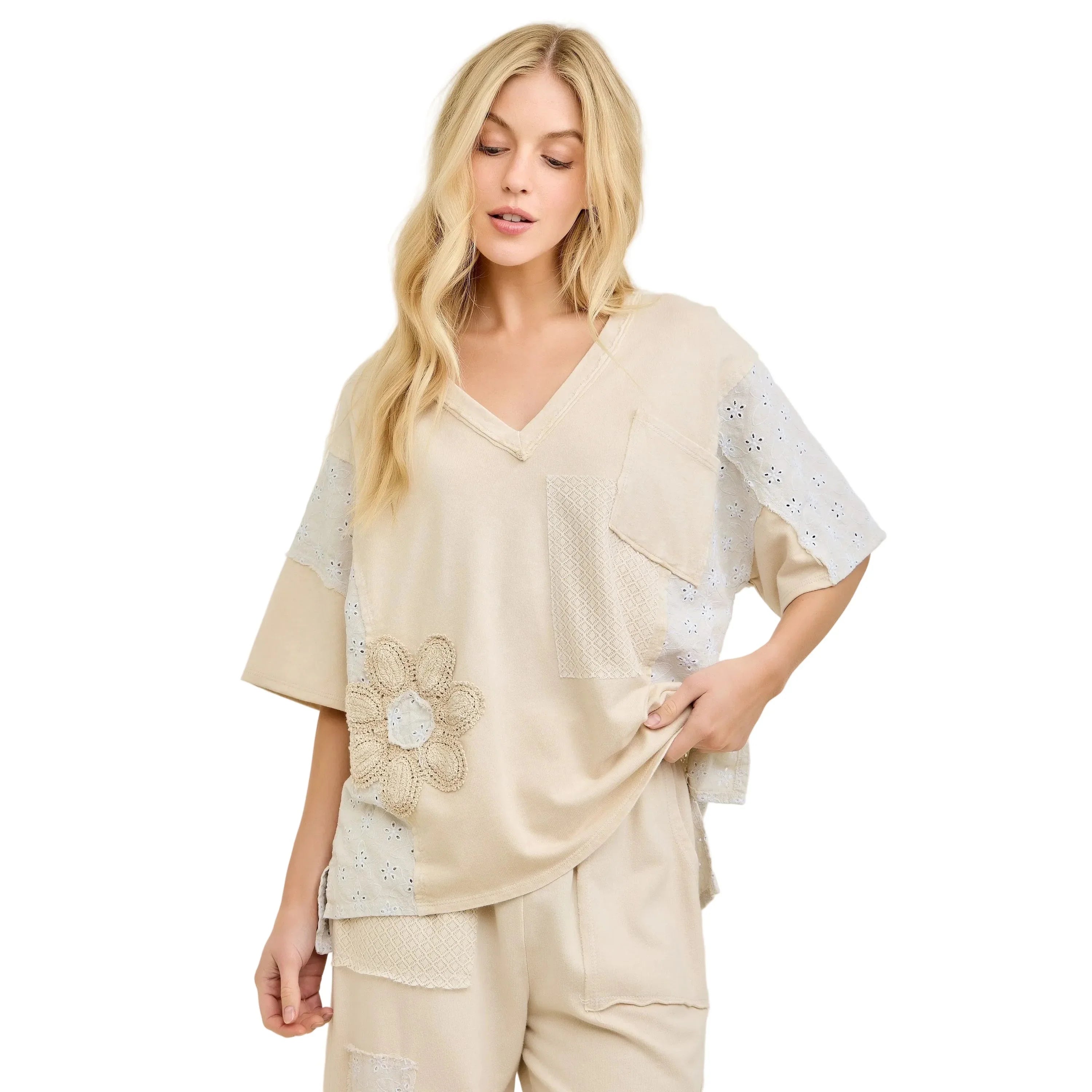 Women's J. Her Natural Patchwork Blouse with Eyelet Lace HT6993