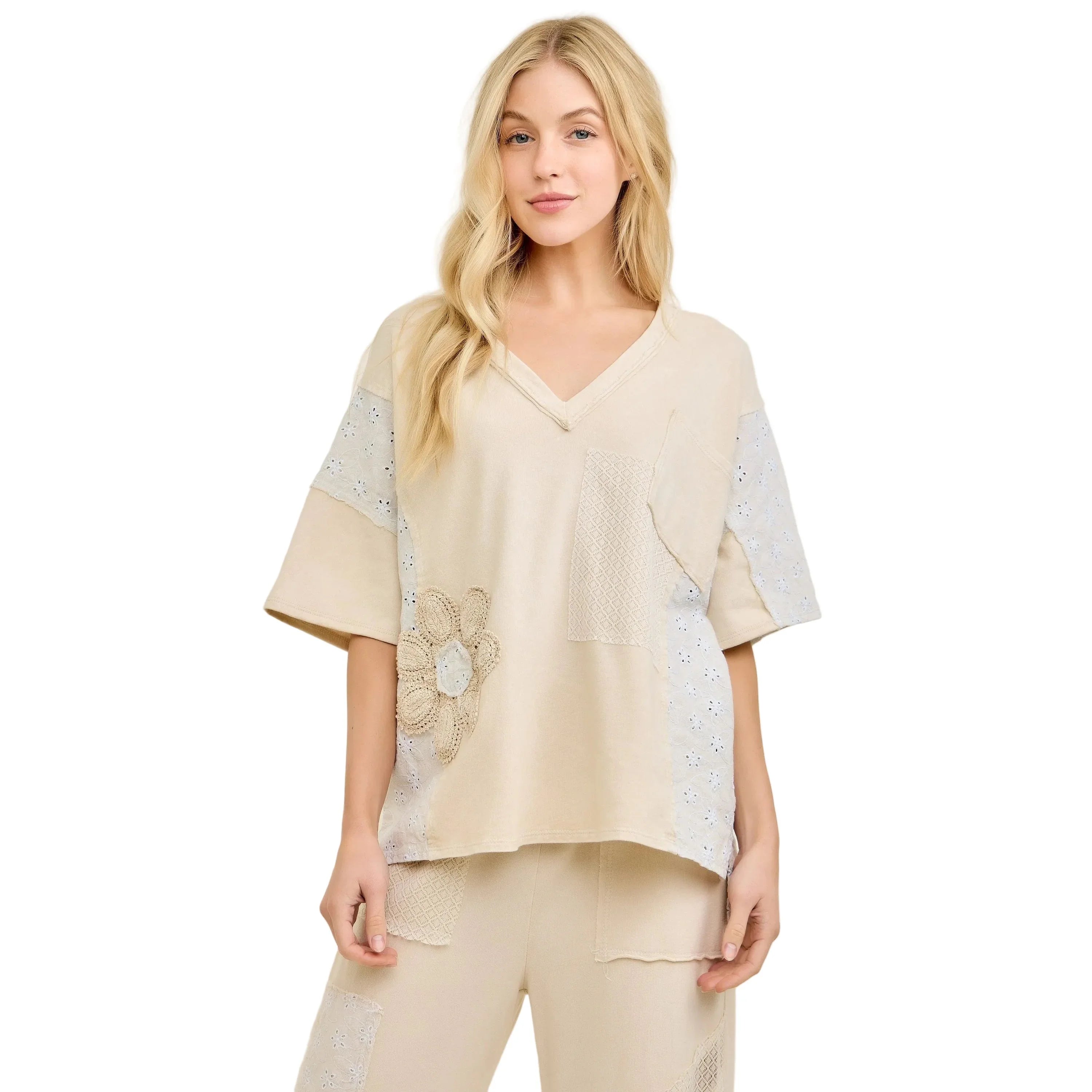 Women's J. Her Natural Patchwork Blouse with Eyelet Lace HT6993