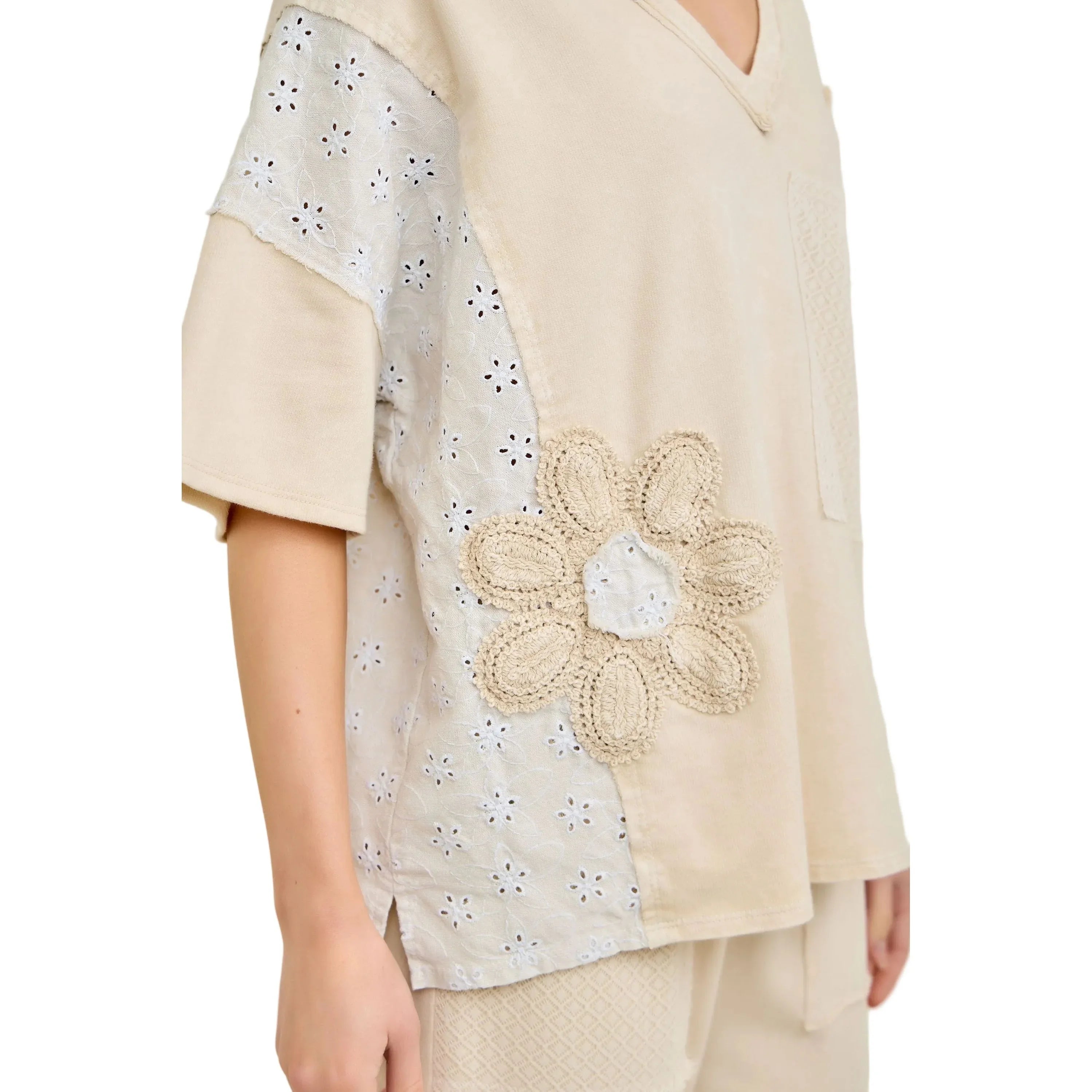 Women's J. Her Natural Patchwork Blouse with Eyelet Lace HT6993