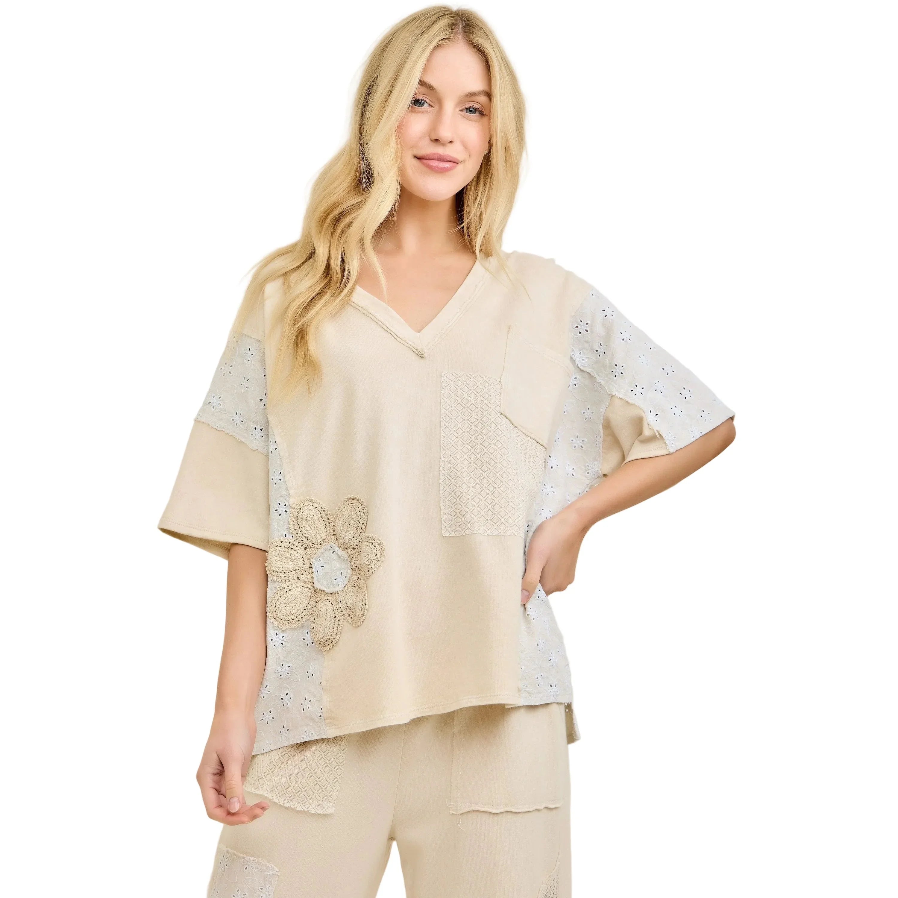 Women's J. Her Natural Patchwork Blouse with Eyelet Lace HT6993