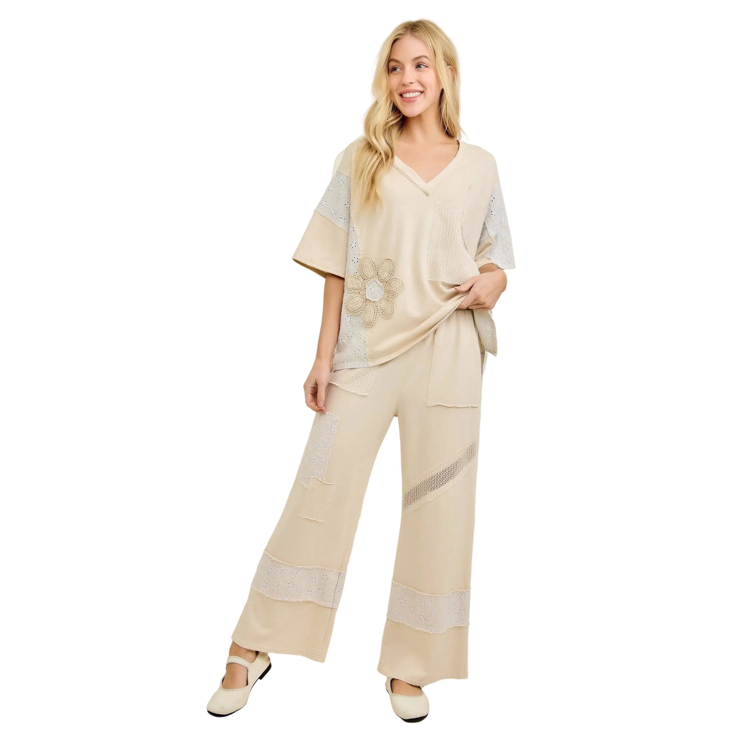 Women's J. Her Natural Patchwork Pants With Eyelet Lace and Floral HP7136