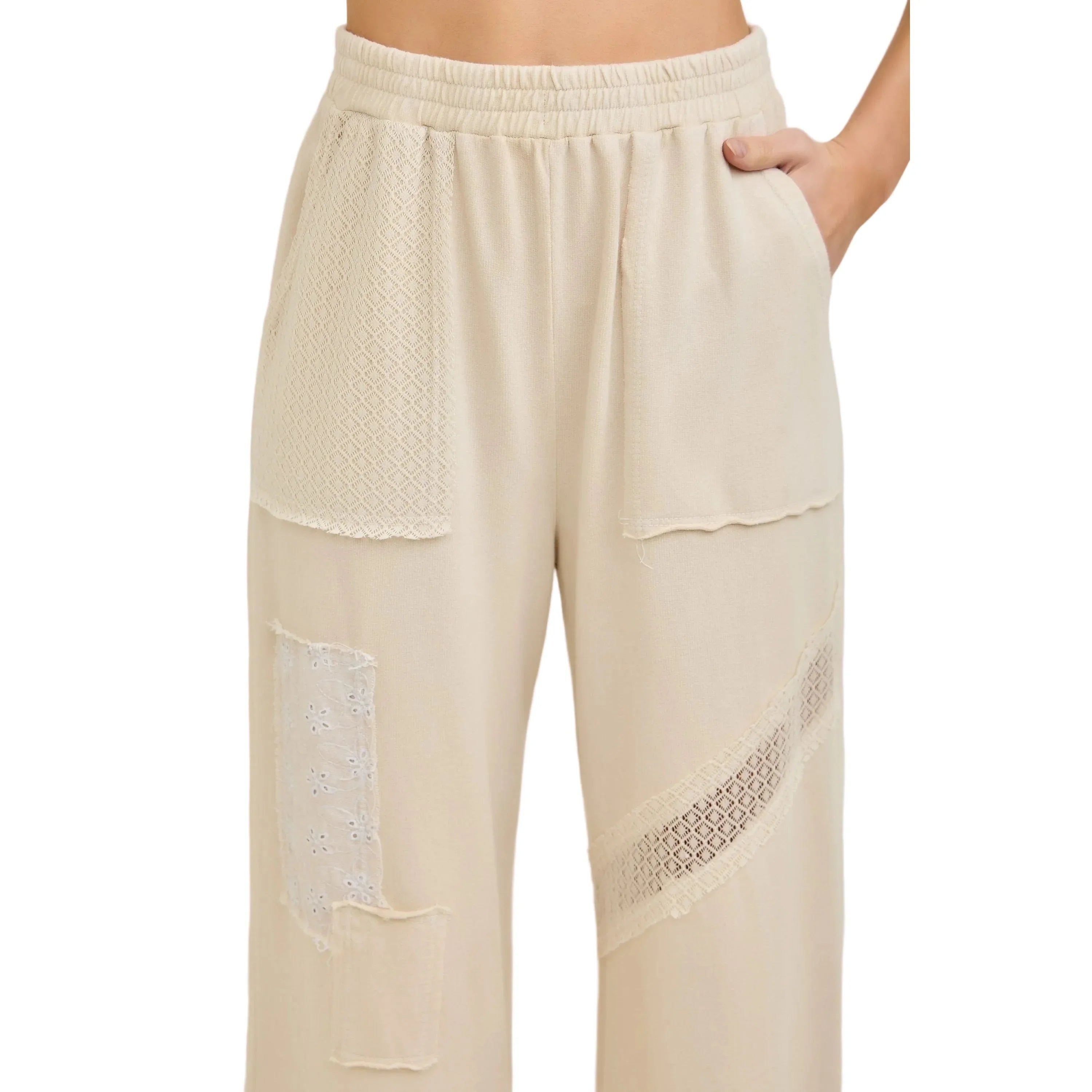 Women's J. Her Natural Patchwork Pants With Eyelet Lace and Floral HP7136