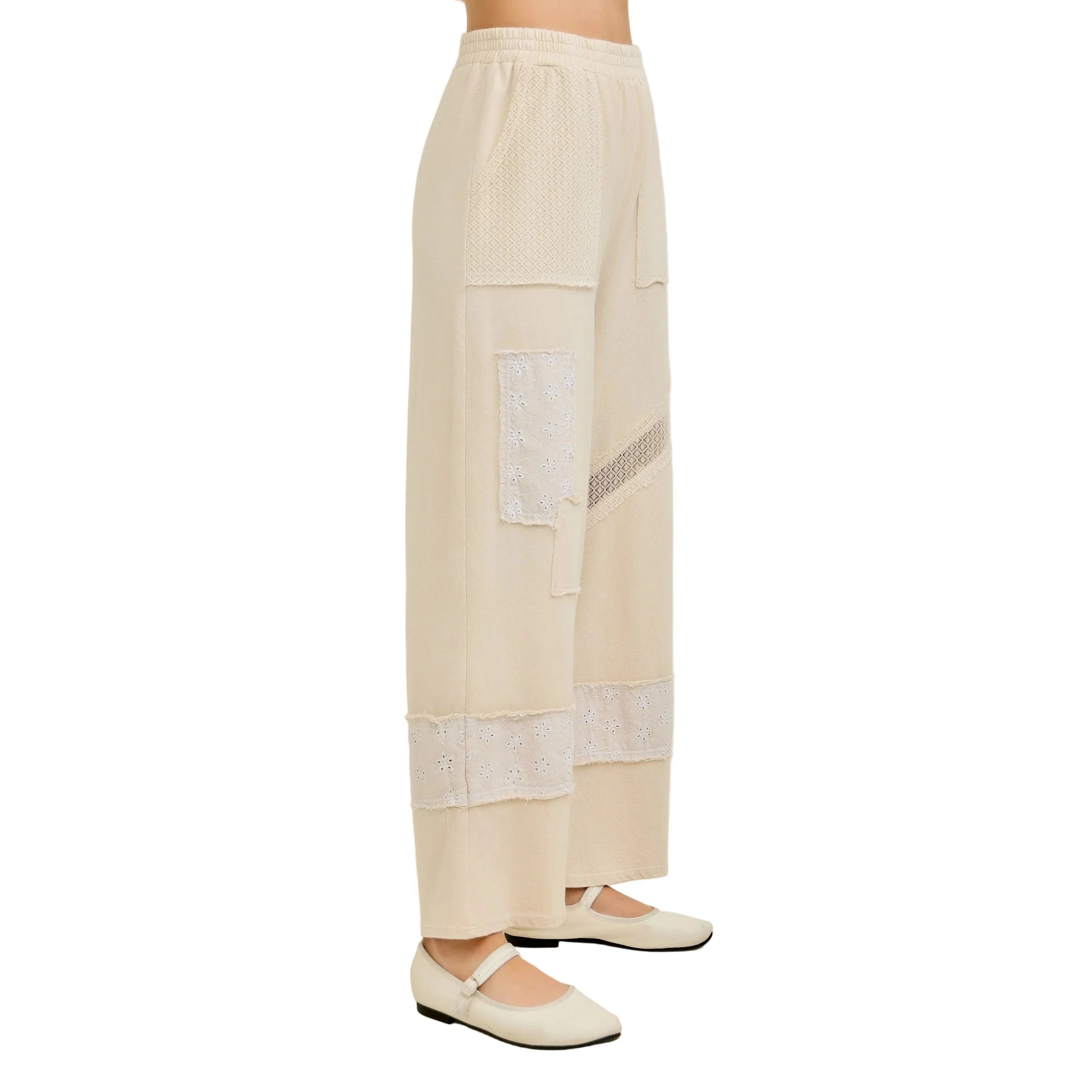 Women's J. Her Natural Patchwork Pants With Eyelet Lace and Floral HP7136