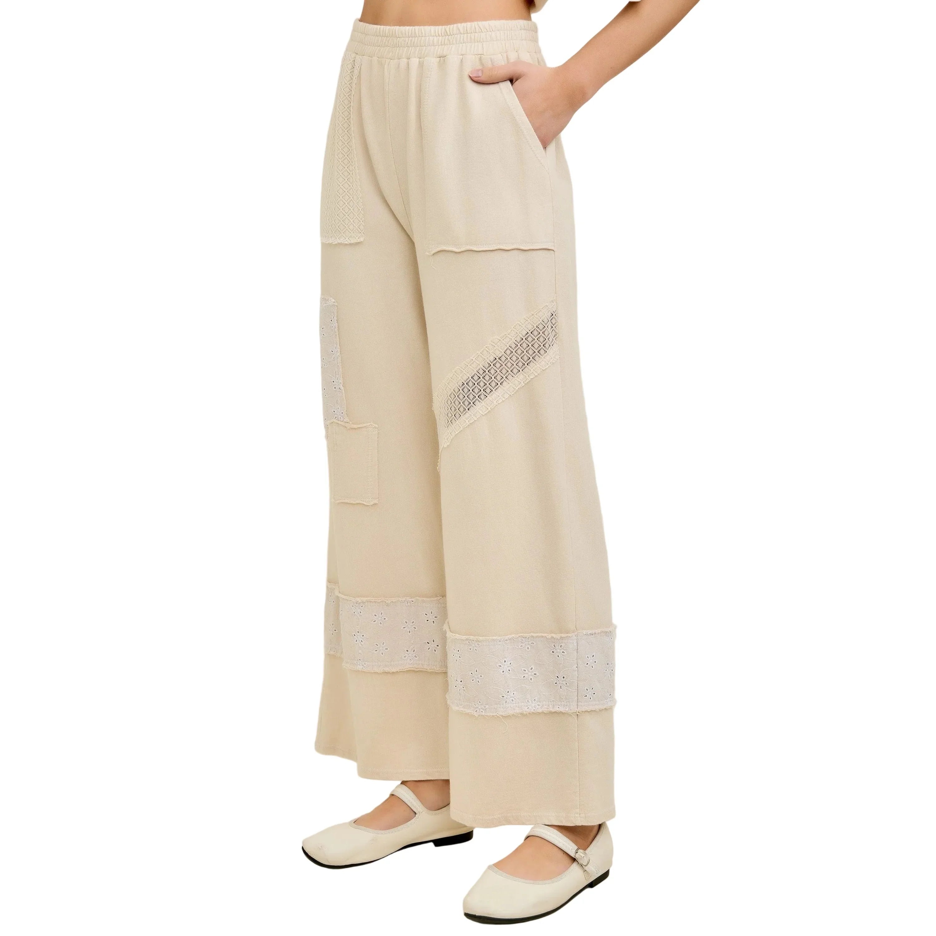 Women's J. Her Natural Patchwork Pants With Eyelet Lace and Floral HP7136