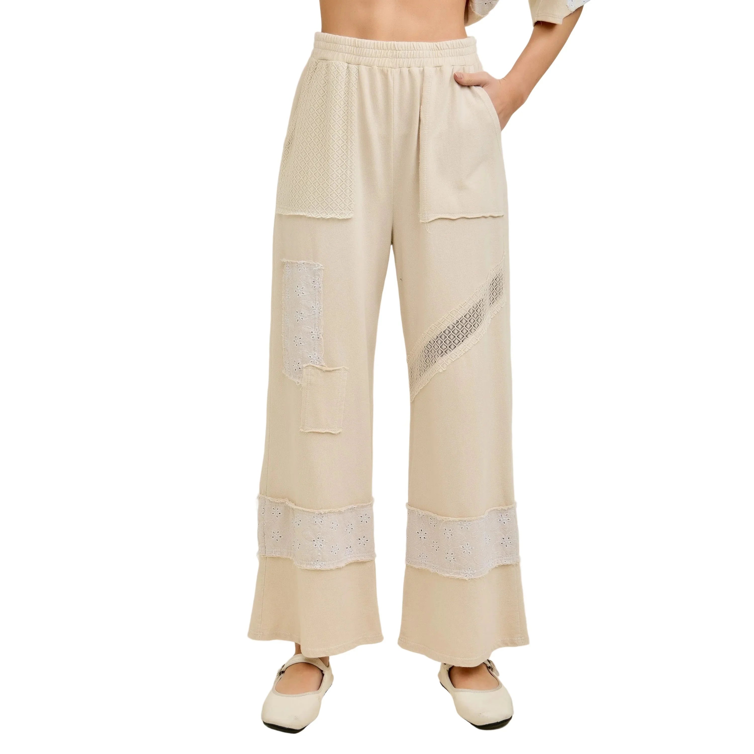 Women's J. Her Natural Patchwork Pants With Eyelet Lace and Floral HP7136