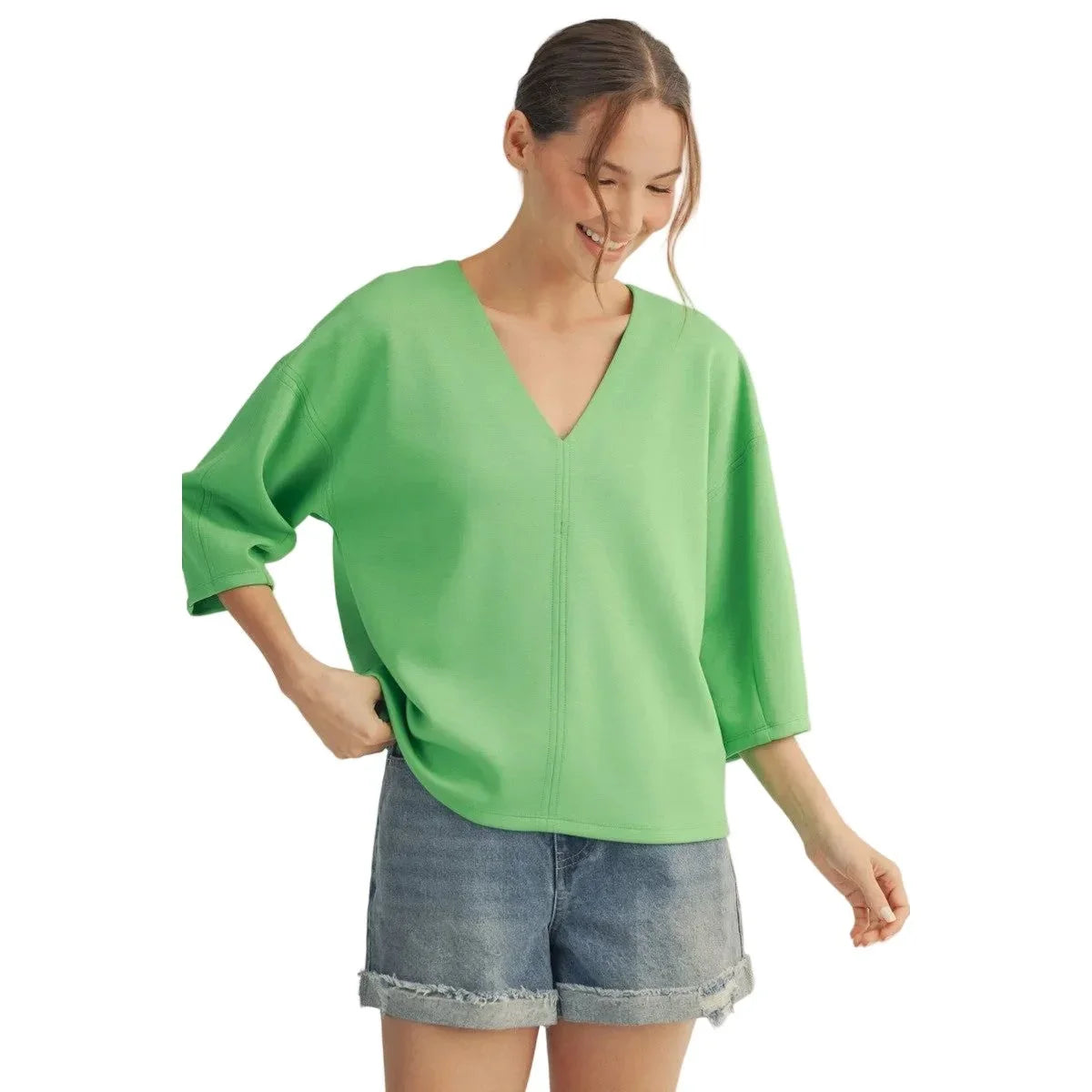 Women's Jodifl Apple Green Soft Textured V Neck Solid Top G15341-AG