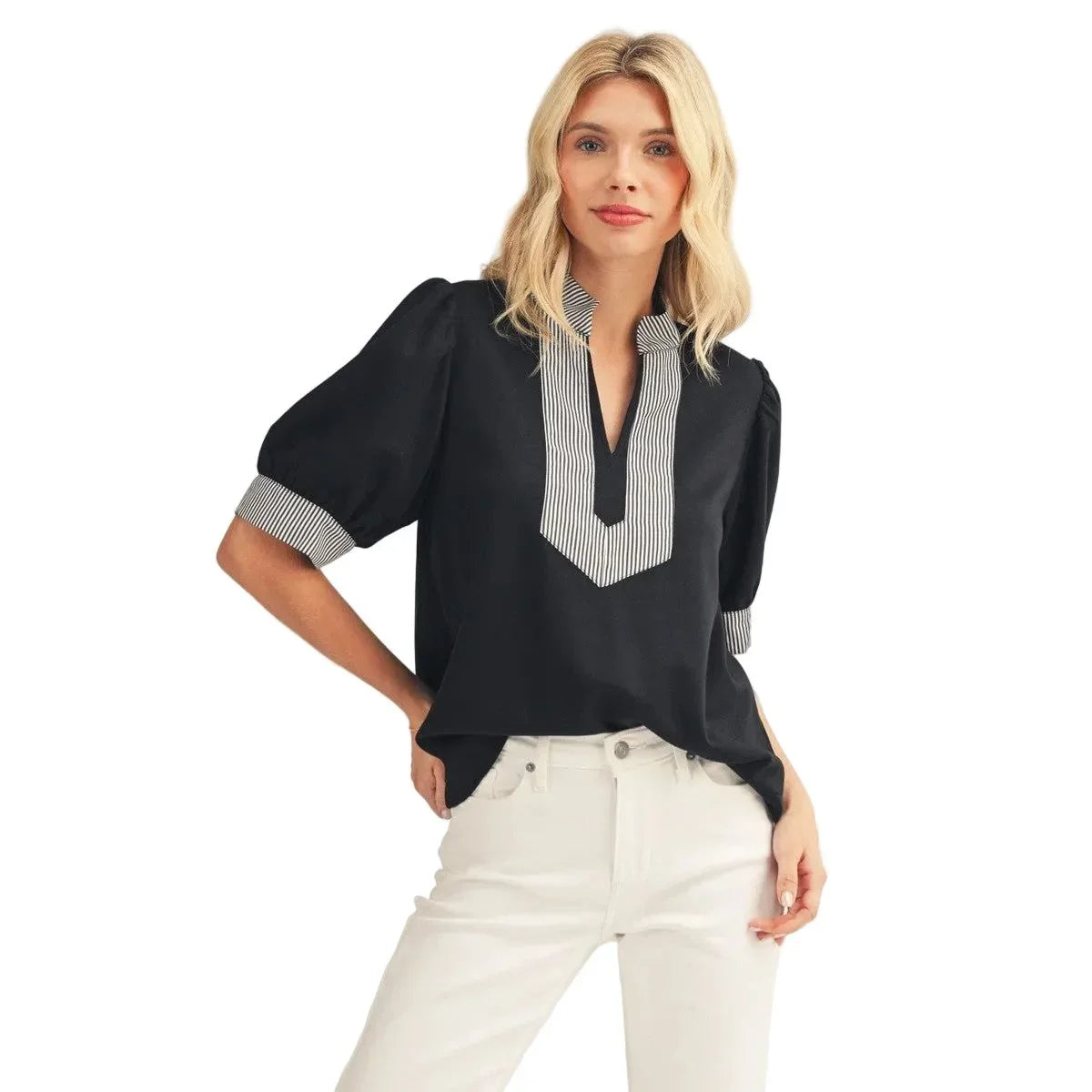 Women's Jodifl Black and Striped Puff Sleeve Blouse B13435-BLK