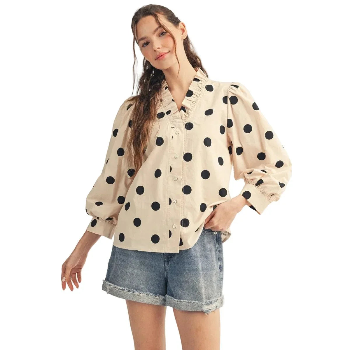 Women's Jodifl Cream Ruffled Neckline Button Down Polka Dot Blouse H51313