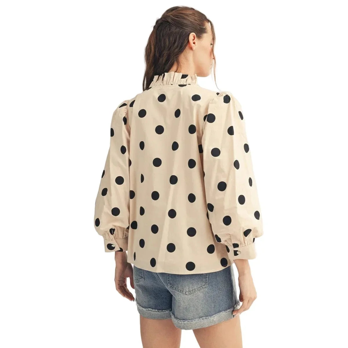 Women's Jodifl Cream Ruffled Neckline Button Down Polka Dot Blouse H51313