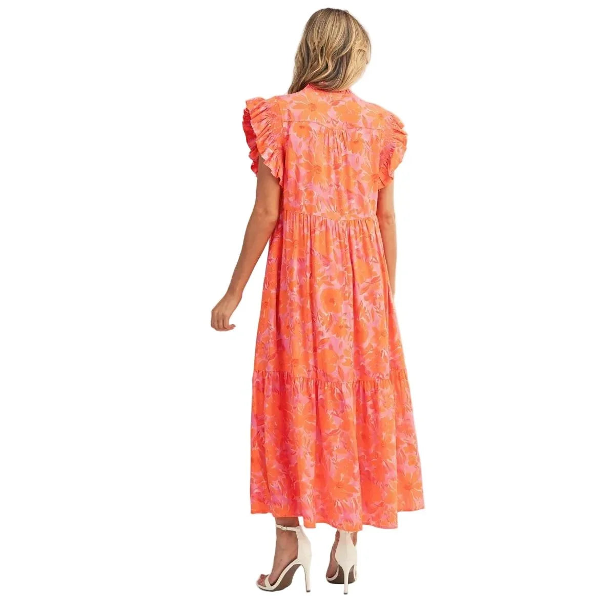 Women's Jodifl Orange Ruffle Sleeves Tropical Floral Midi Dress G15504-1
