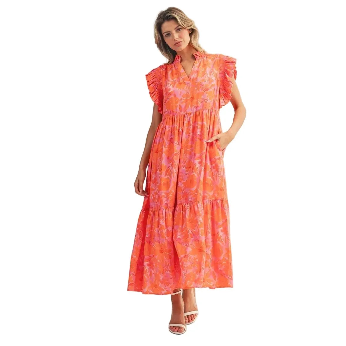 Women's Jodifl Orange Ruffle Sleeves Tropical Floral Midi Dress G15504-1