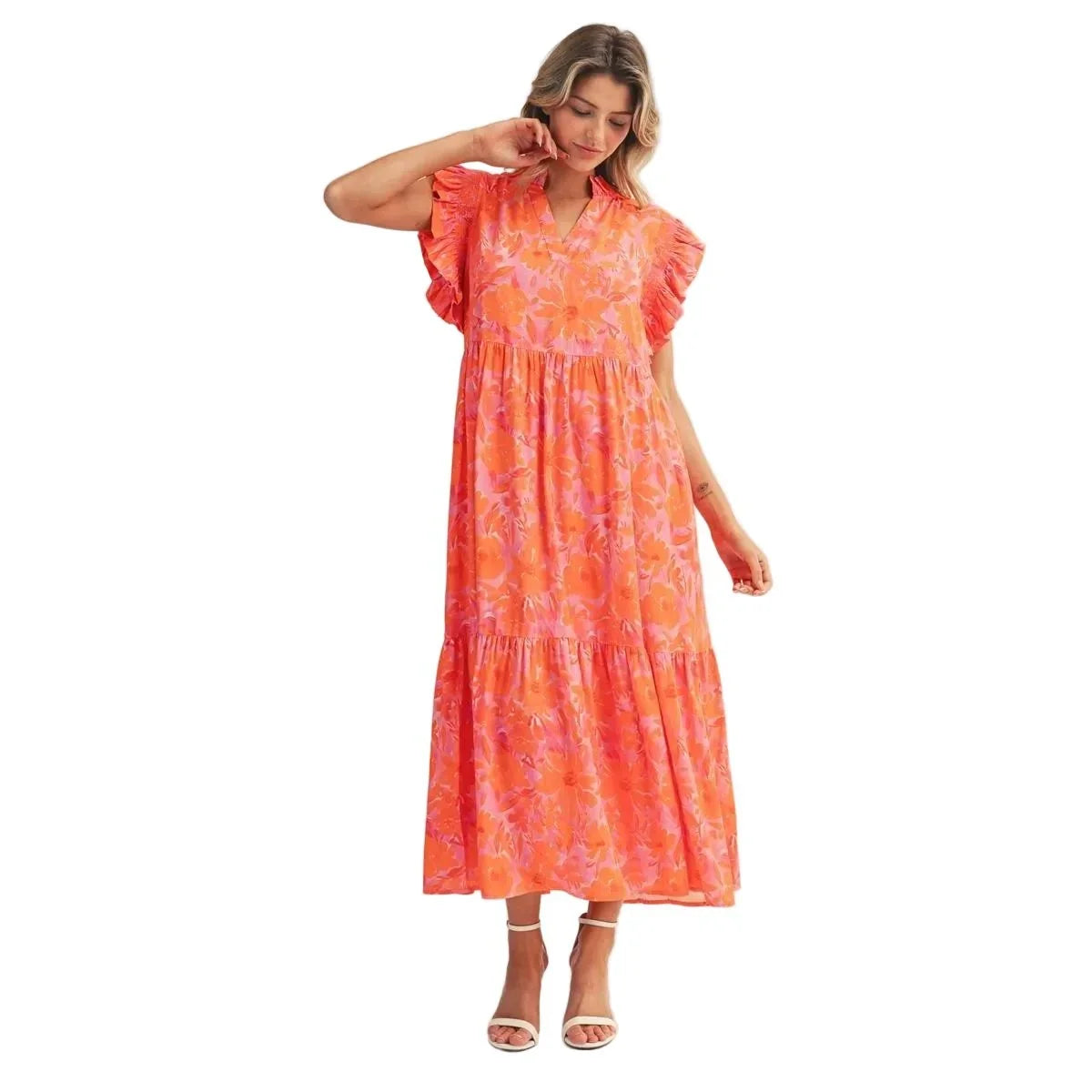 Women's Jodifl Orange Ruffle Sleeves Tropical Floral Midi Dress G15504-1