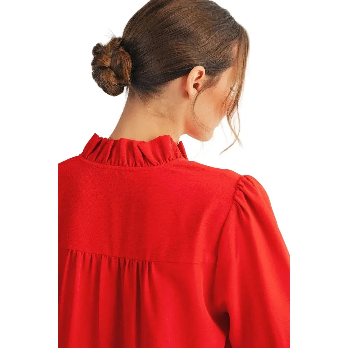 Women's Jodifl Red Ruffled Neck Crinkle Solid Top B13513-RED